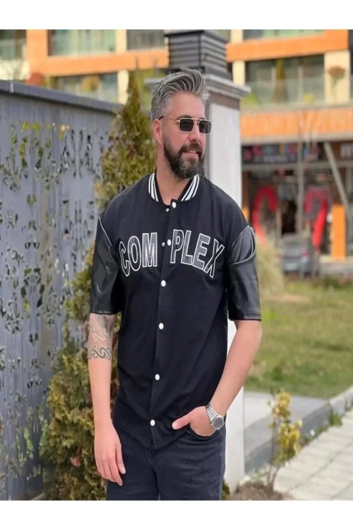 NİDAM BUTİK Erkek Complex Kolları Deri Kolej Oversize T-shirt - Siyah