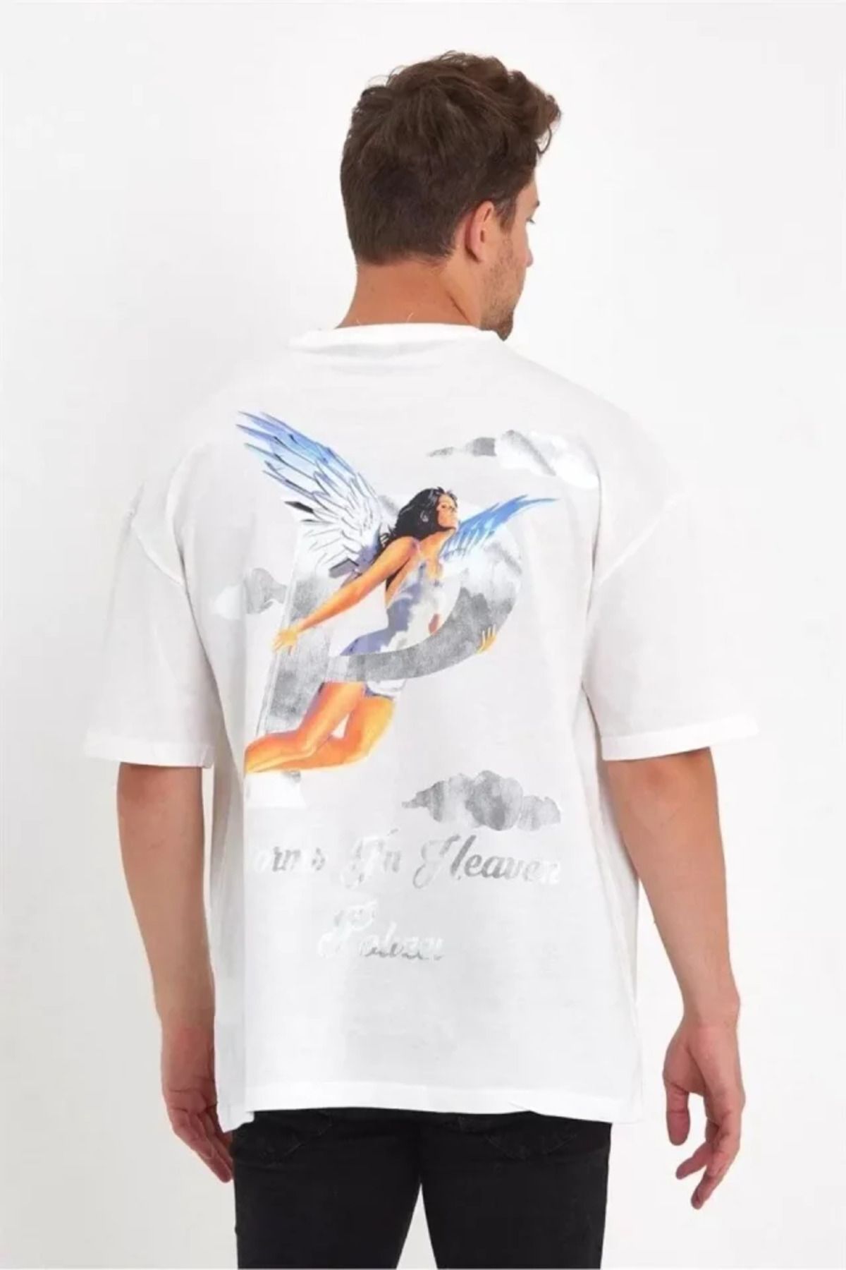 Asap Erkek Melek Baskılı Oversize T-shirt - Beyaz