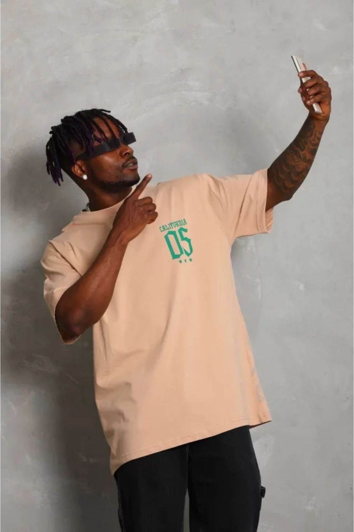 gelirr Unisex Oversize Baskılı Bisiklet Yaka T-Shirt - Bej