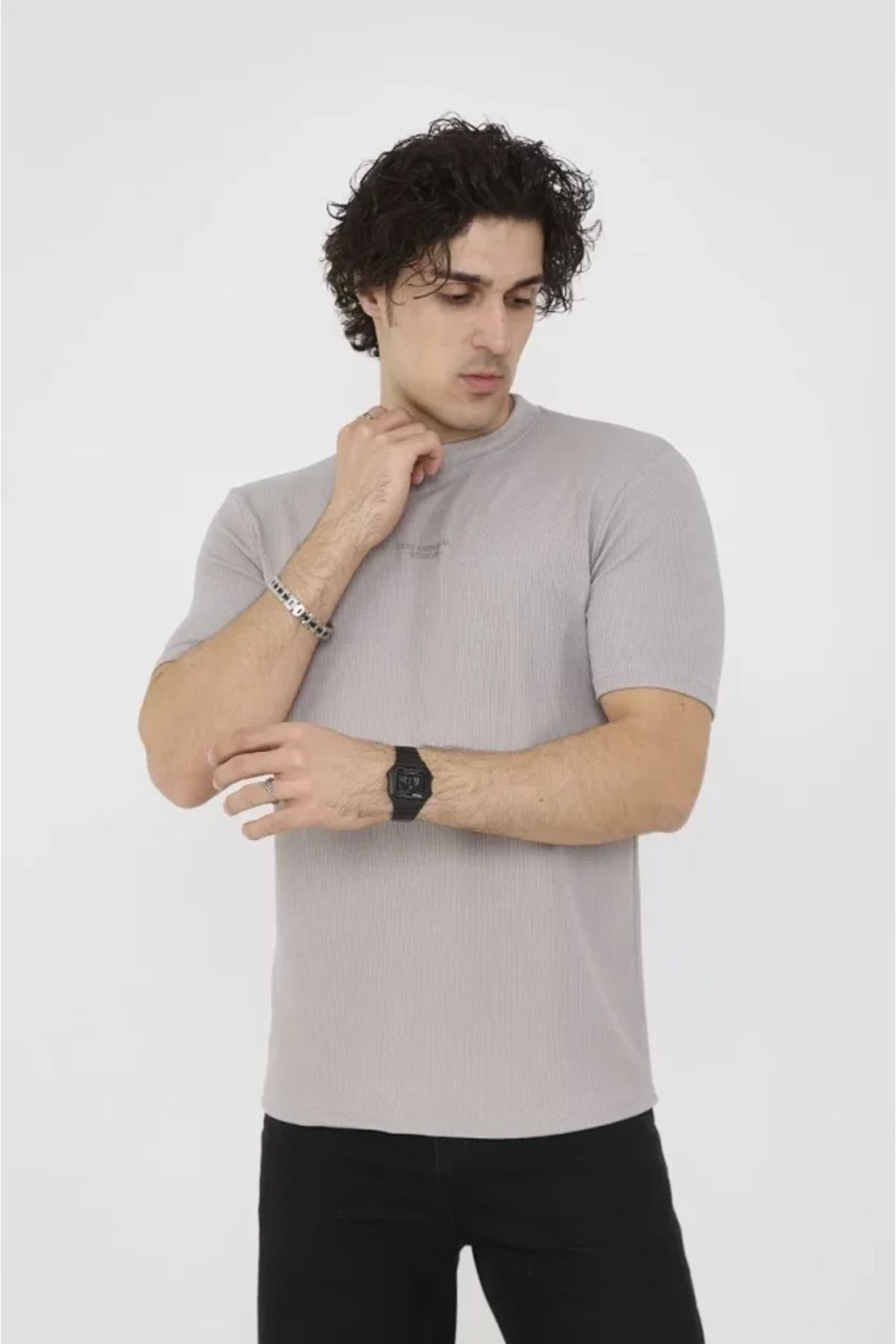 Albayrak Unisex Bisiklet Yaka Slim Fit T-Shirt- Boyalı Gri