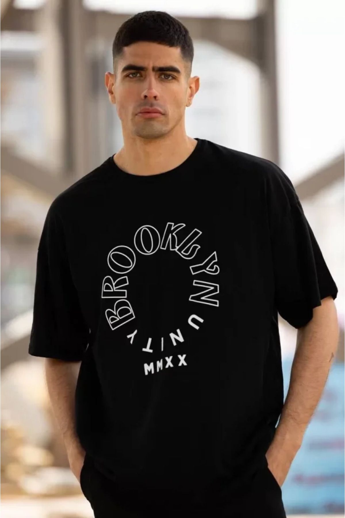 Albayrak Unisex Bisiklet Yaka Baskılı Oversize T-Shirt - Siyah