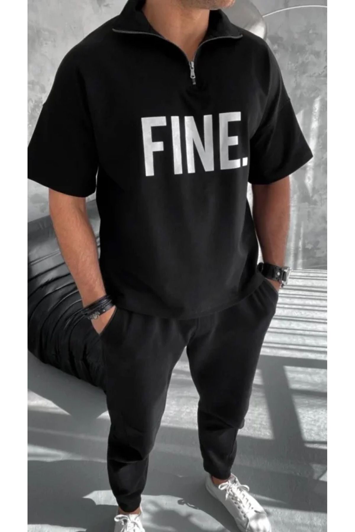GE TİCARET Unisex Baskılı Yarım Fermuarlı T-Shirt - Siyah