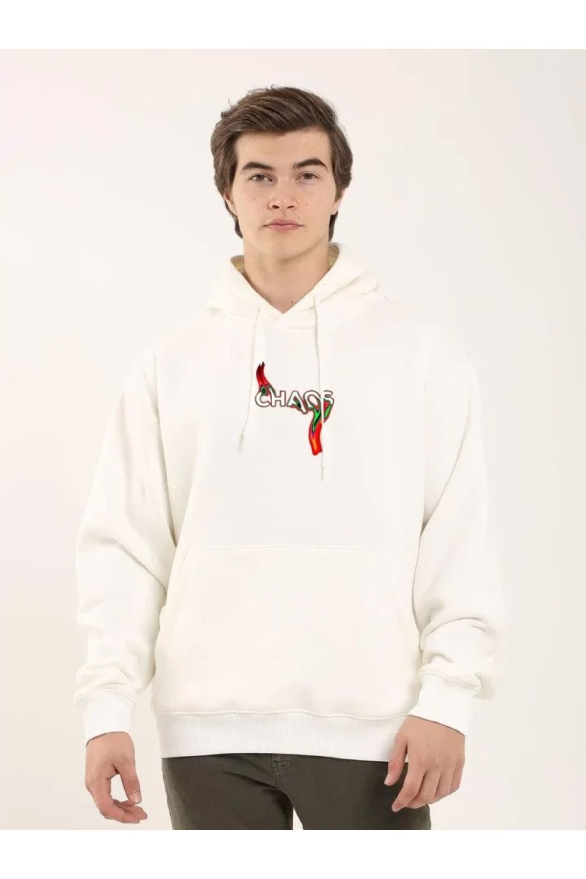 AhEs Shopping Unisex Baskılı Oversize Üç İplik Kapüşonlu Sweatshirt - Beyaz