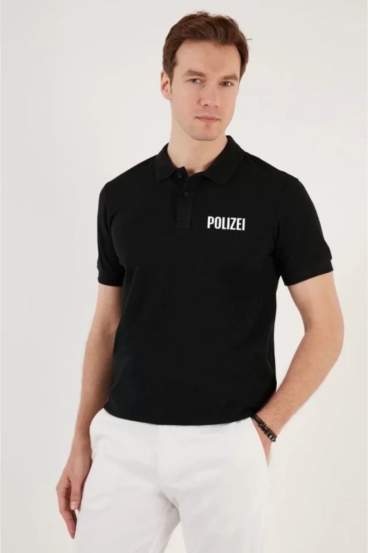Asap Yakası Düğmeli Yakalı Pike Baskılı T-Shirt - Siyah