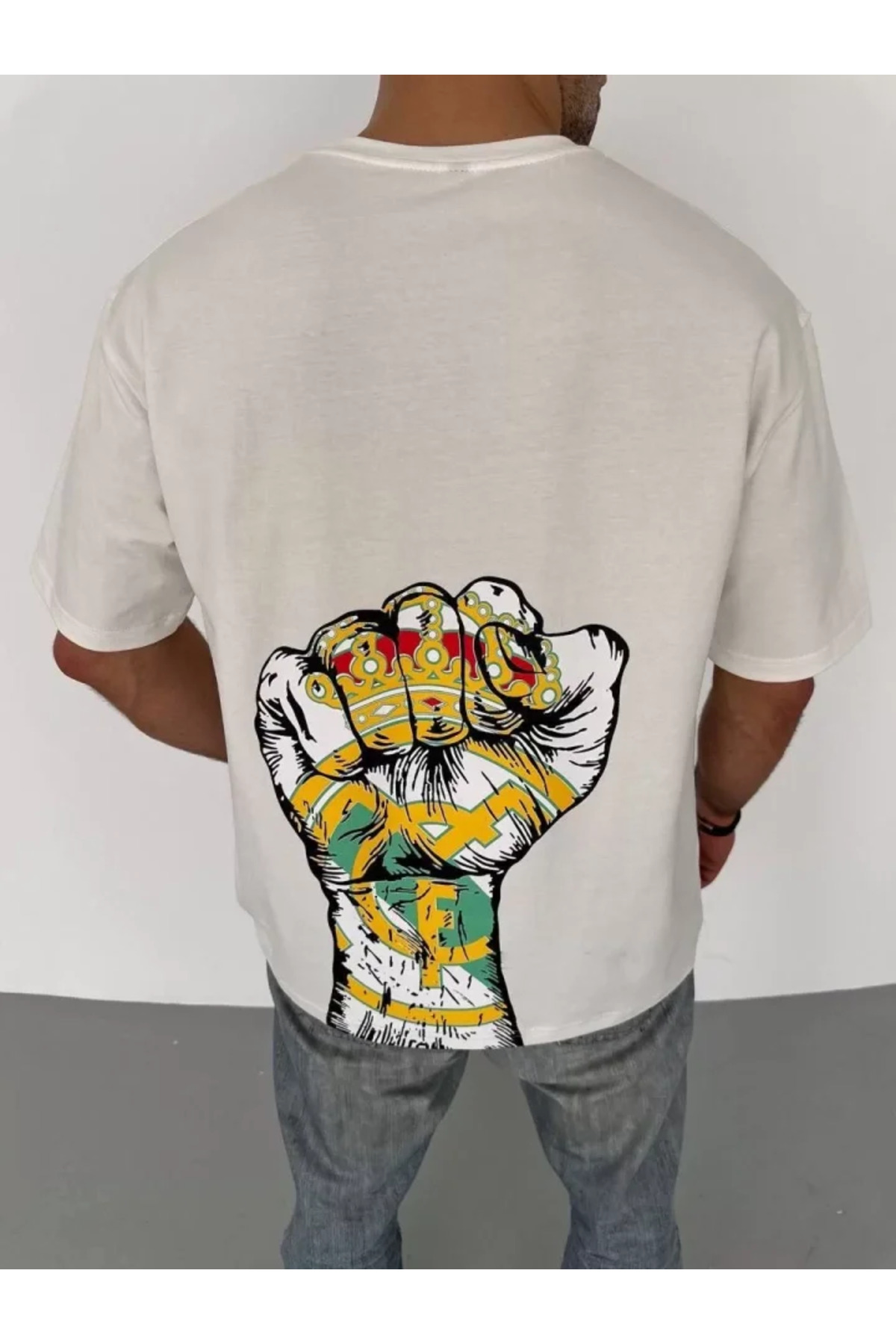 Unisex Bisiklet Yaka Baskılı Oversize T-Shirt - Beyaz