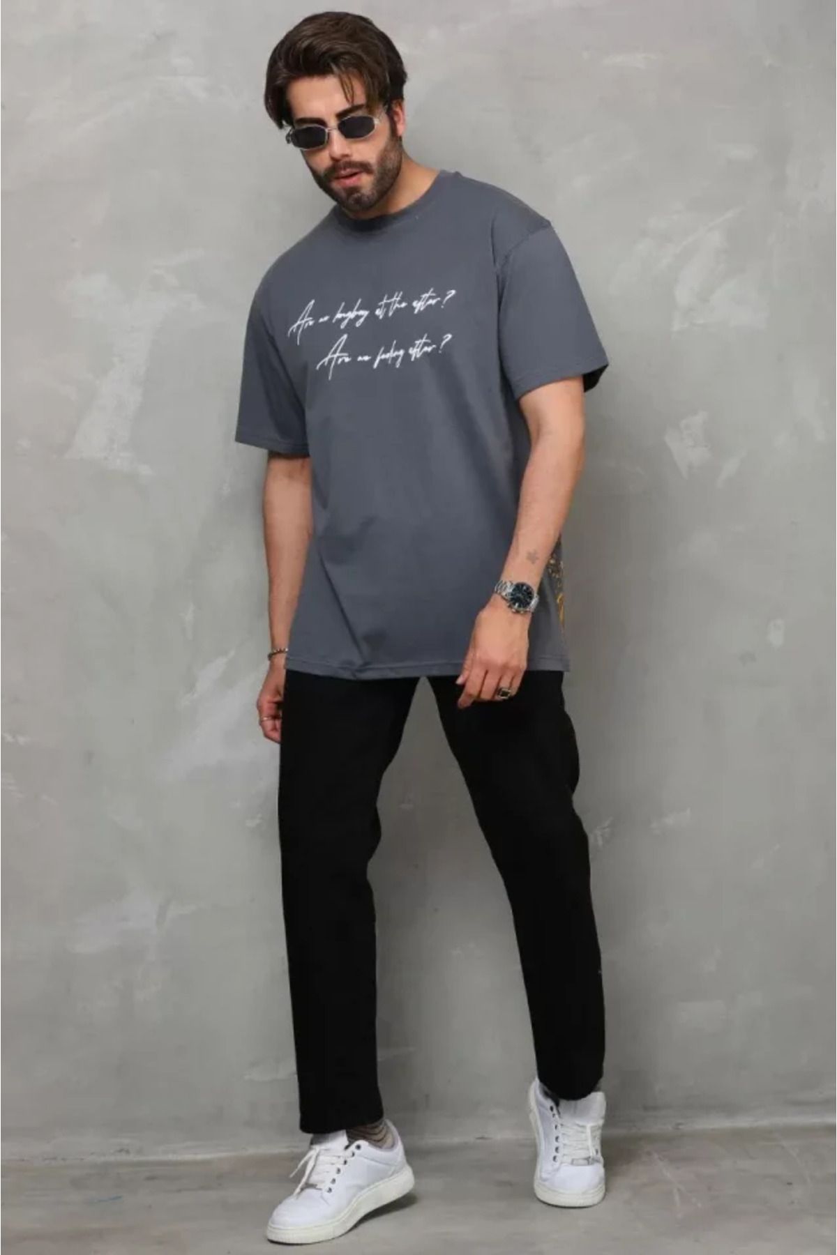 Asap Unisex Bisiklet Yaka Baskılı Oversize T-Shirt - Füme