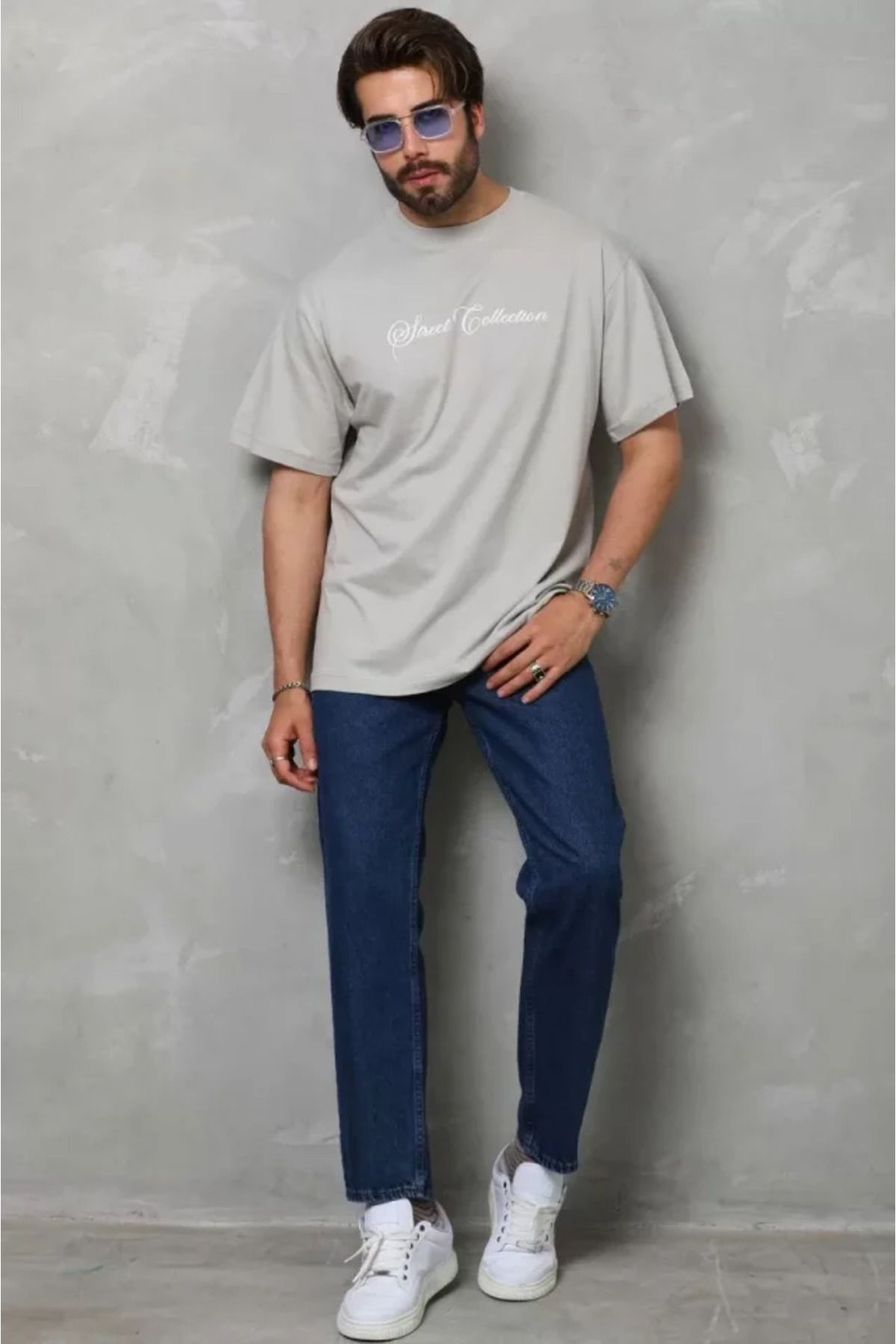 vivenza Unisex Bisiklet Yaka Baskılı Oversize T-Shirt - Gri