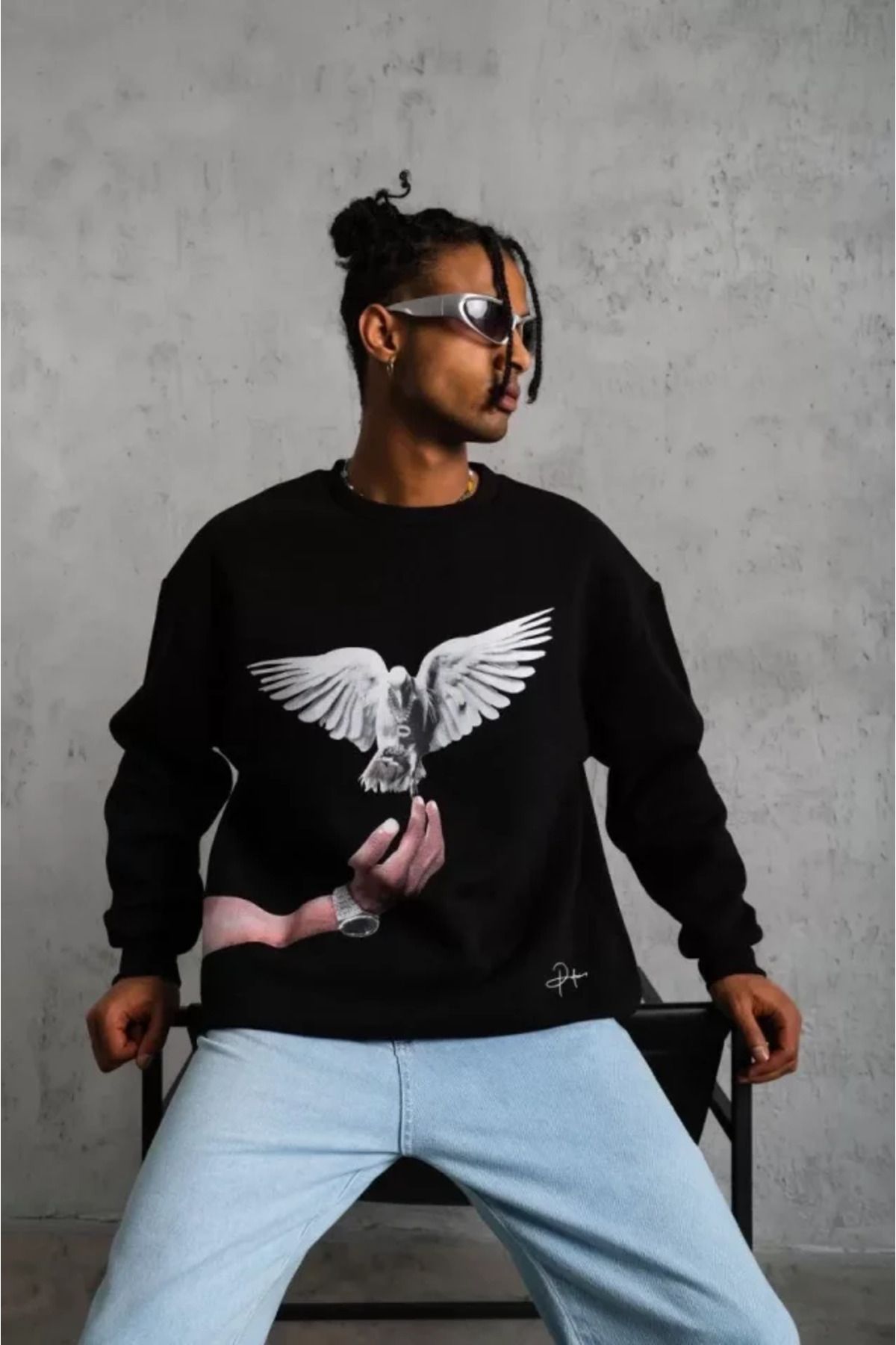 TİANA Erkek Güvercin Baskılı Sweatshirt - Siyah