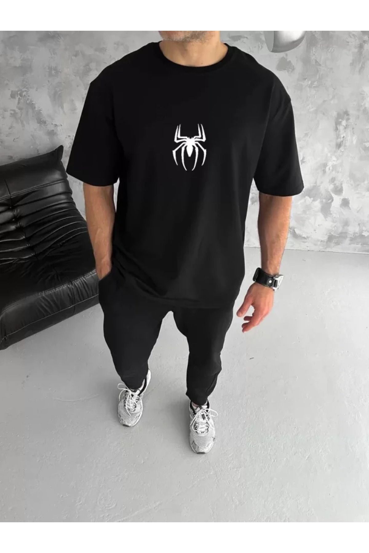 MyTerrax Unisex Bisiklet Yaka Baskılı Oversize T-Shirt - Siyah