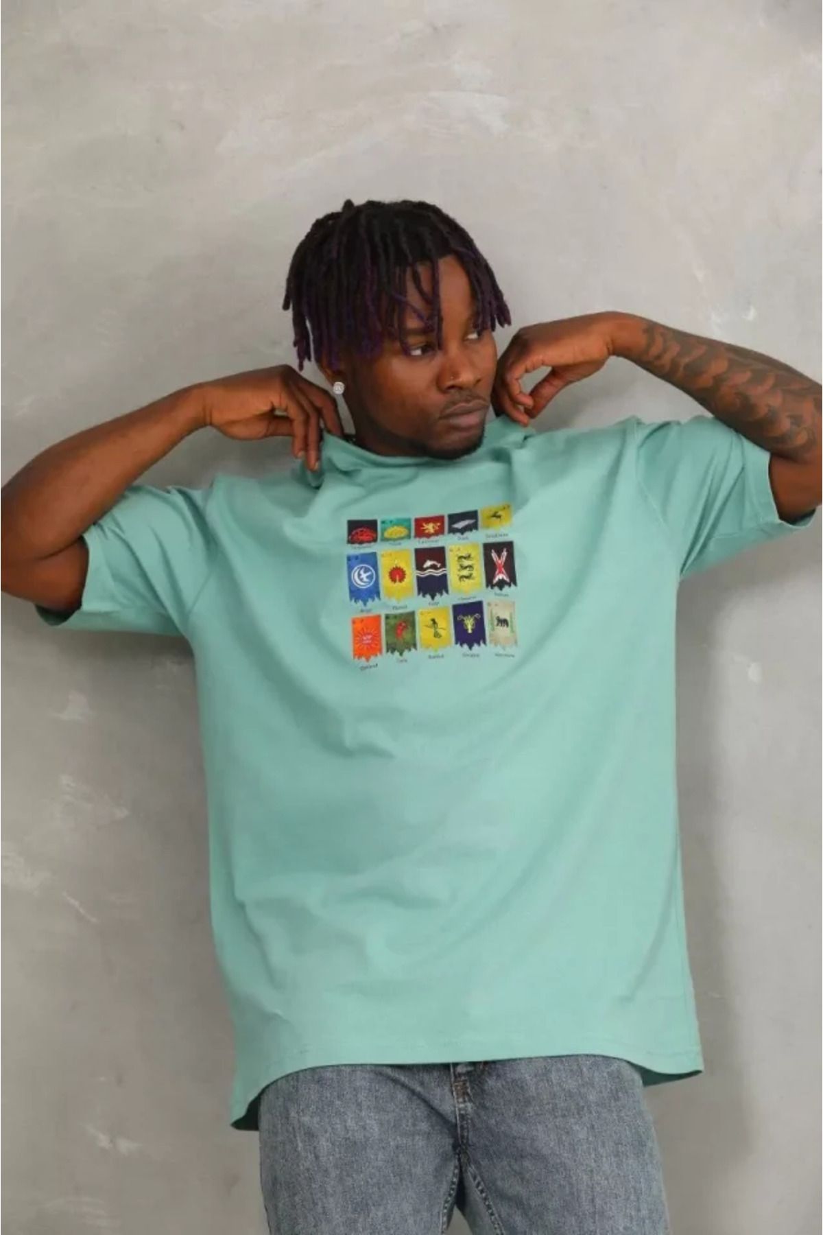 Albayrak Unisex Oversize Baskılı Bisiklet Yaka T-Shirt - Mint Yeşili