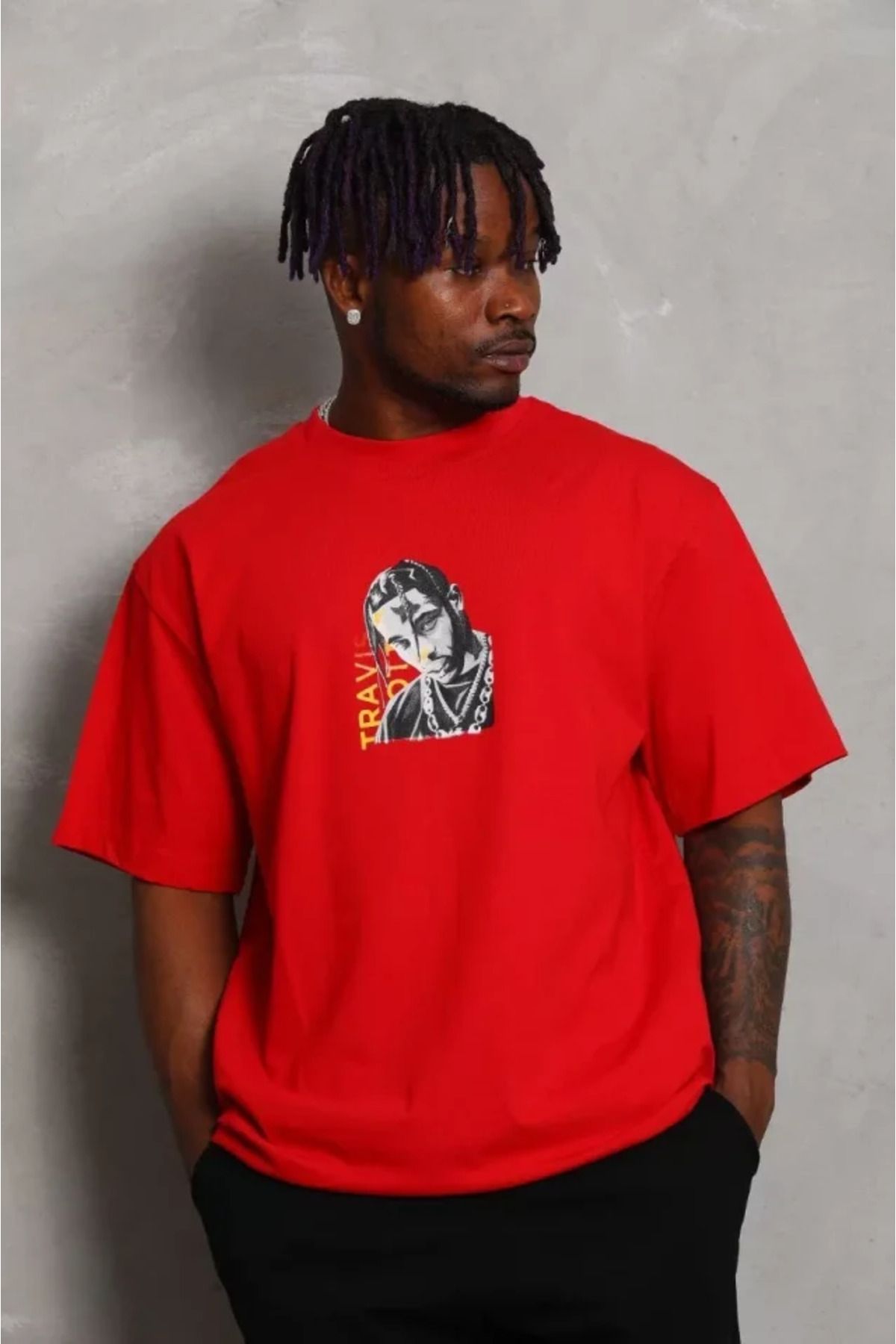 Asap Unisex Oversize Baskılı Bisiklet Yaka T-Shirt - Kırmızı