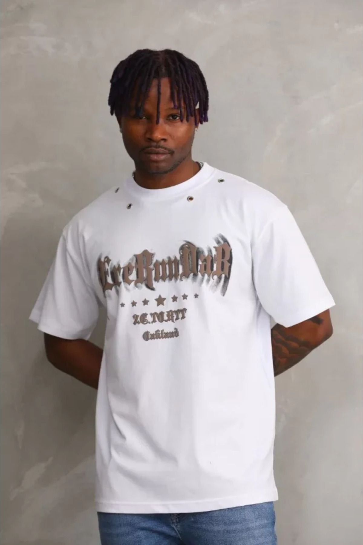 Albayrak Unisex Kuşgözü Detaylı Baskılı Oversize T-Shirt - Beyaz