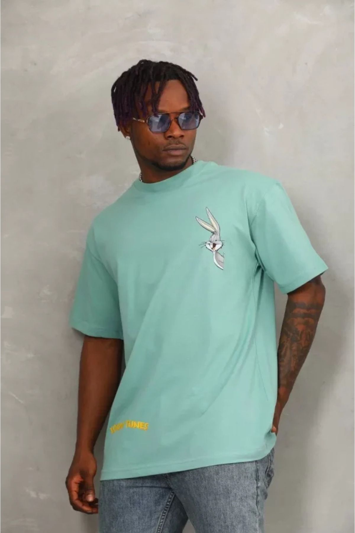 Asap Unisex Oversize Baskılı Bisiklet Yaka T-Shirt - Mint Yeşili