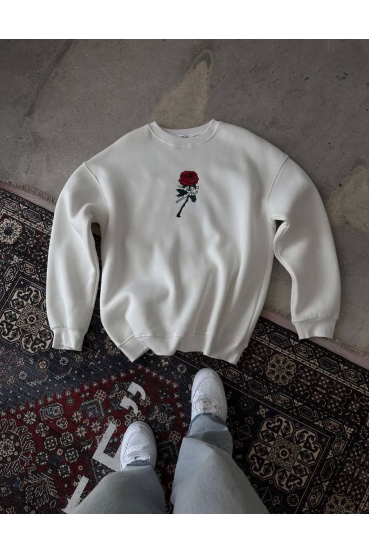 Melenza Unisex Bisiklet Yaka Ön Ve Arka Baskılı SweatShirt - Beyaz