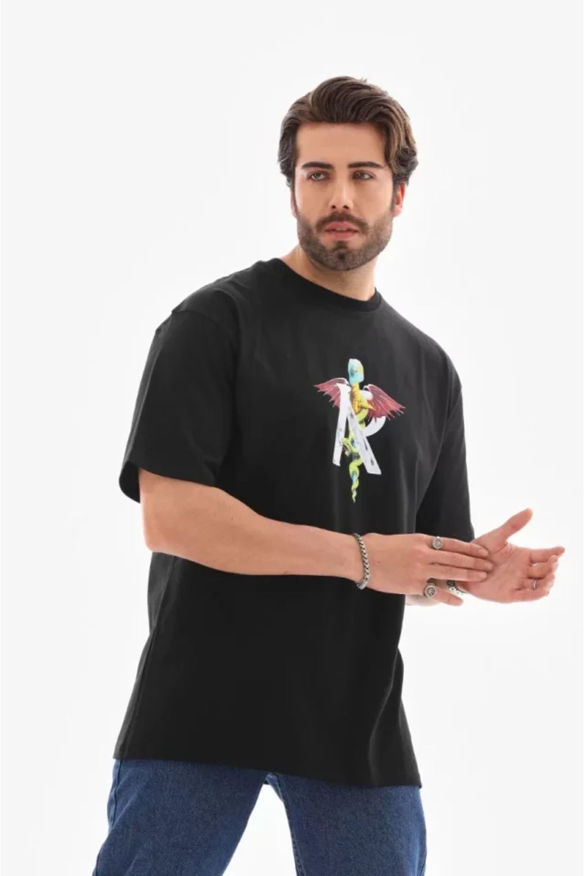 vivenza Unisex Bisiklet Yaka Baskılı Oversize T-Shirt - Siyah