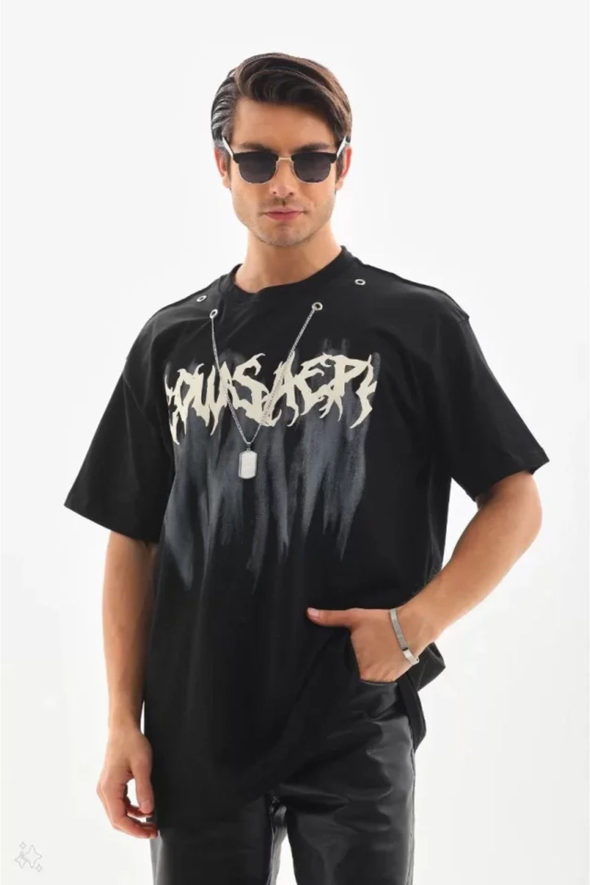 Veronika Mağazacılık Unisex Oversize Kolye Dahil T-Shirt - Siyah