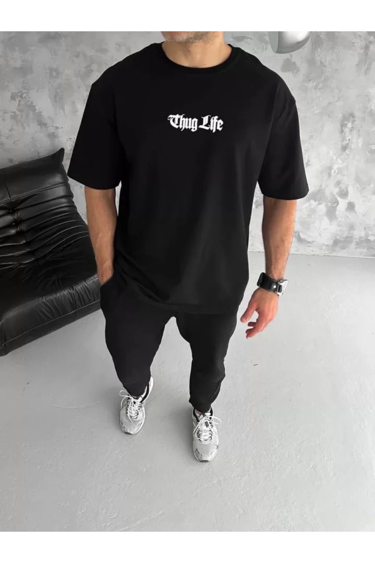 NUARRA Unisex Bisiklet Yaka Baskılı Oversize T-Shirt - Siyah
