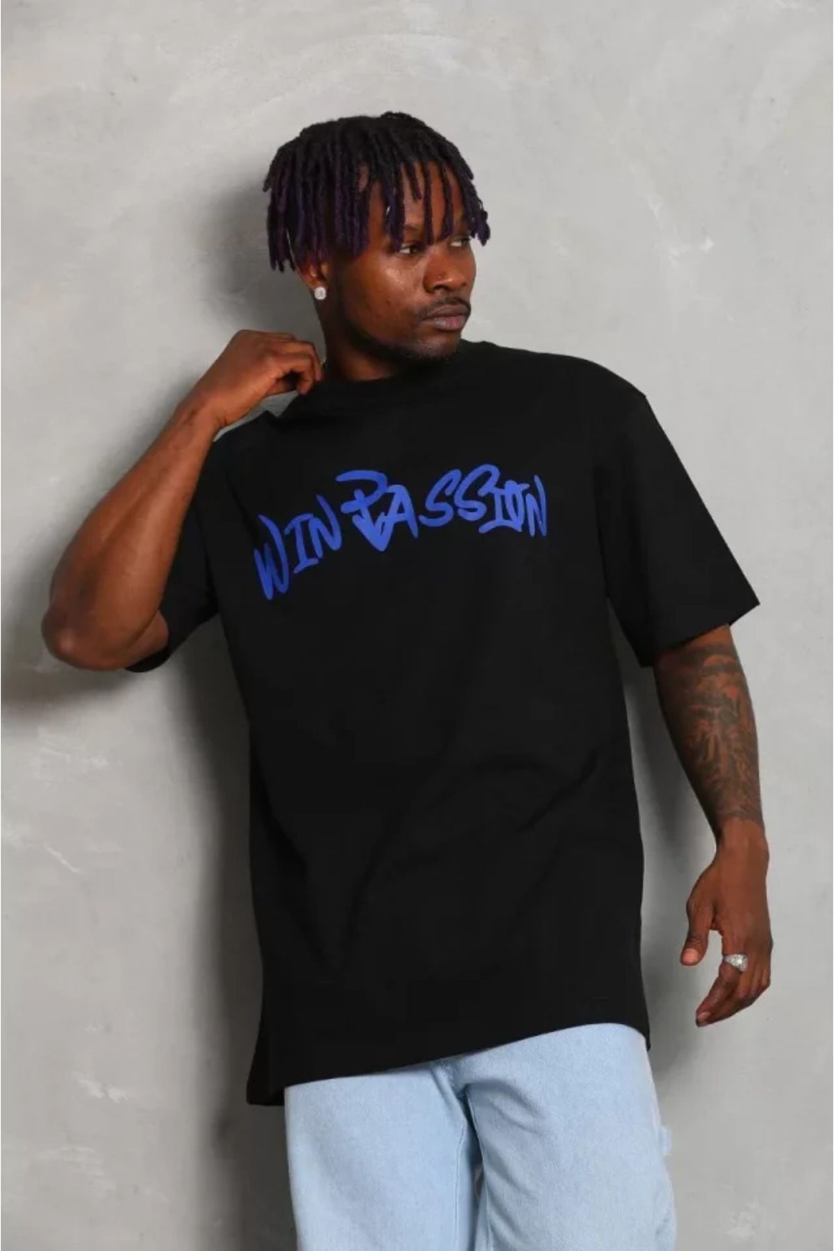Asap Unisex Oversize Baskılı Bisiklet Yaka T-Shirt - Siyah