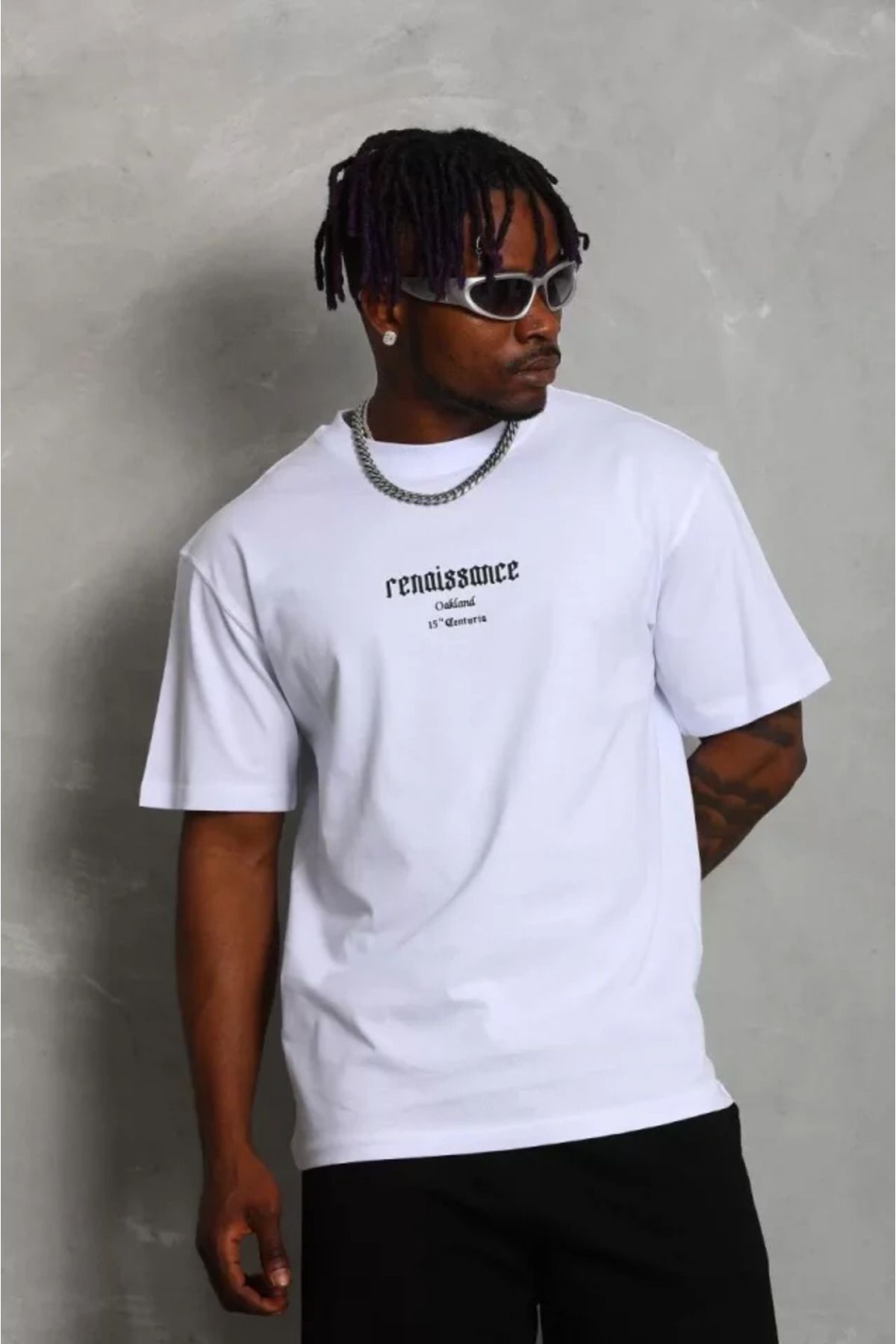 Asap Unisex Oversize Baskılı Bisiklet Yaka T-Shirt - Beyaz