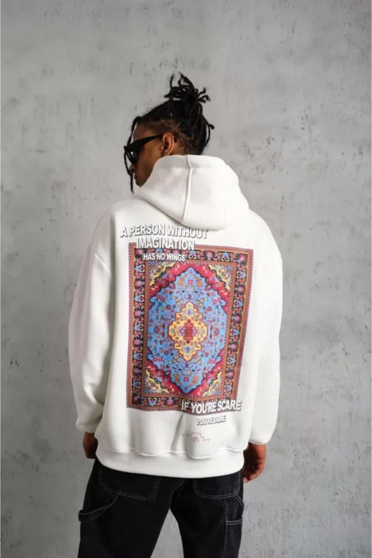 novafems Erkek Kilim Desen Kapüşonlu Sweat- Beyaz
