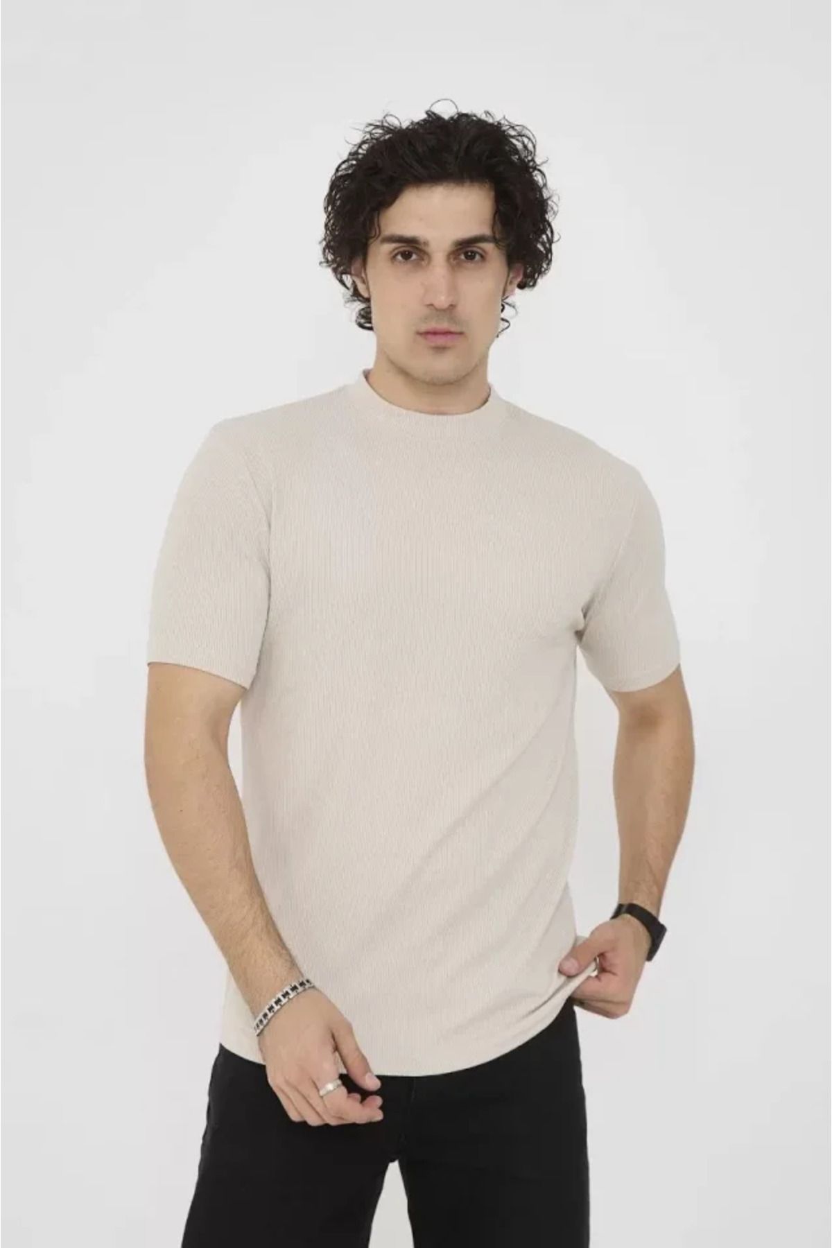 NİDAM BUTİK Unisex Bisiklet Yaka Slim Fit T-Shirt- Bej