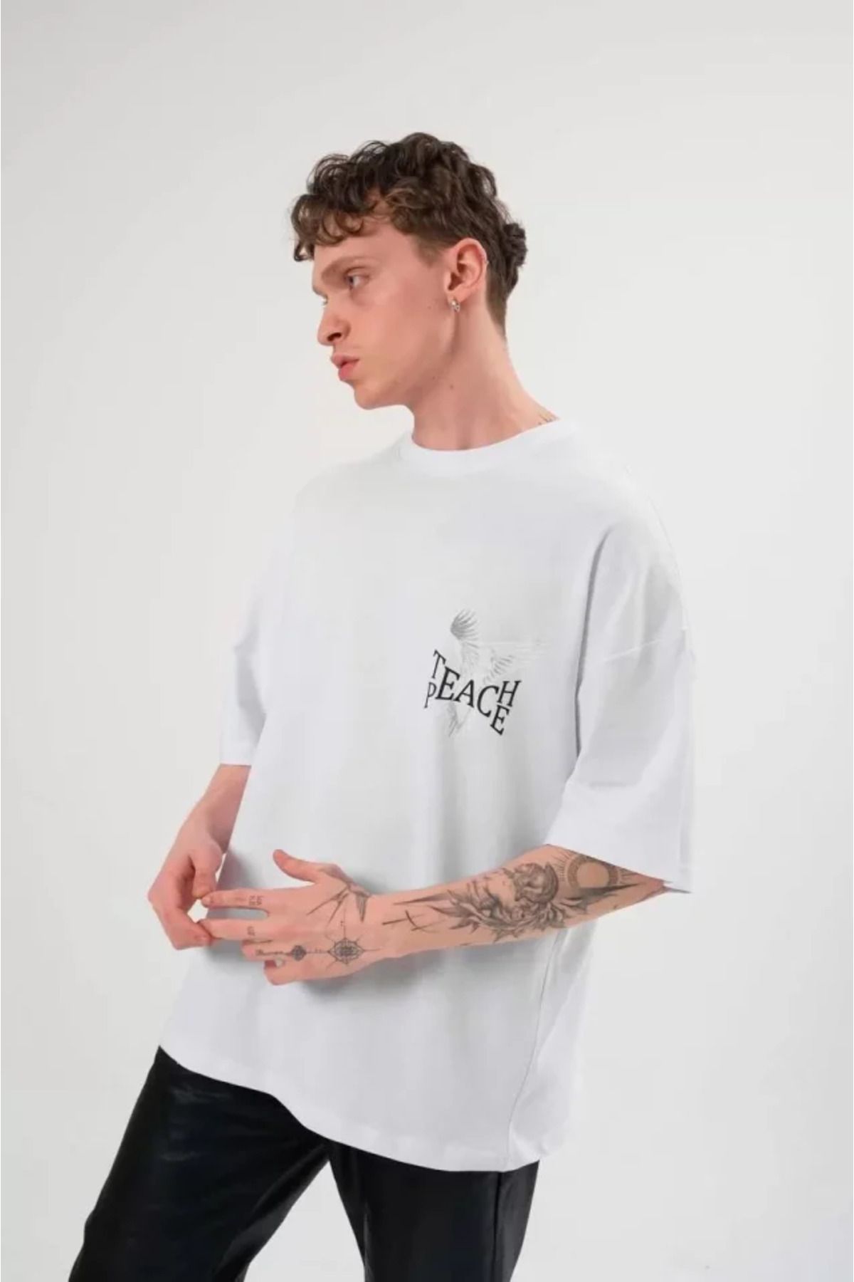 Albayrak Unisex Bisiklet Yaka Baskılı Oversize T-Shirt - Beyaz