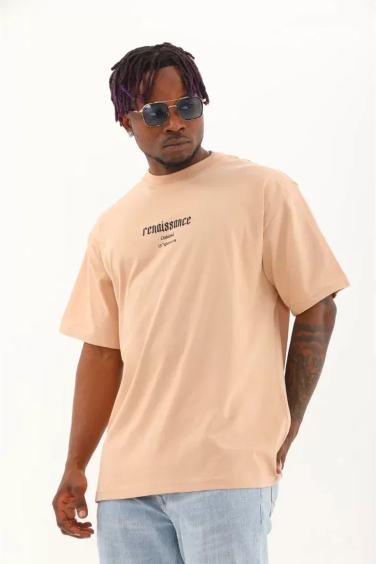 Asap Unisex Oversize Baskılı Bisiklet Yaka T-Shirt - Bej