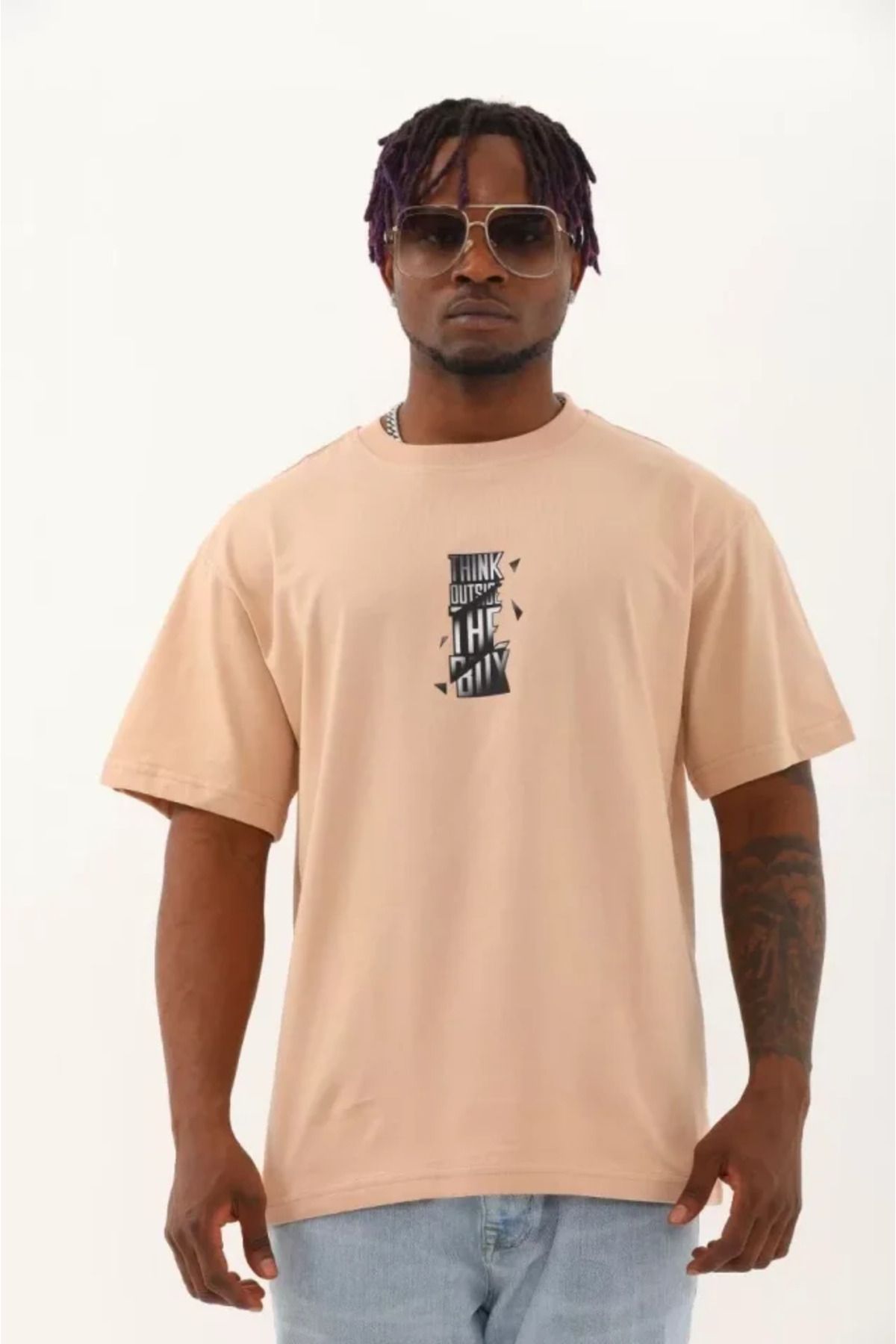 Albayrak Unisex Oversize Baskılı Bisiklet Yaka T-Shirt - Bej