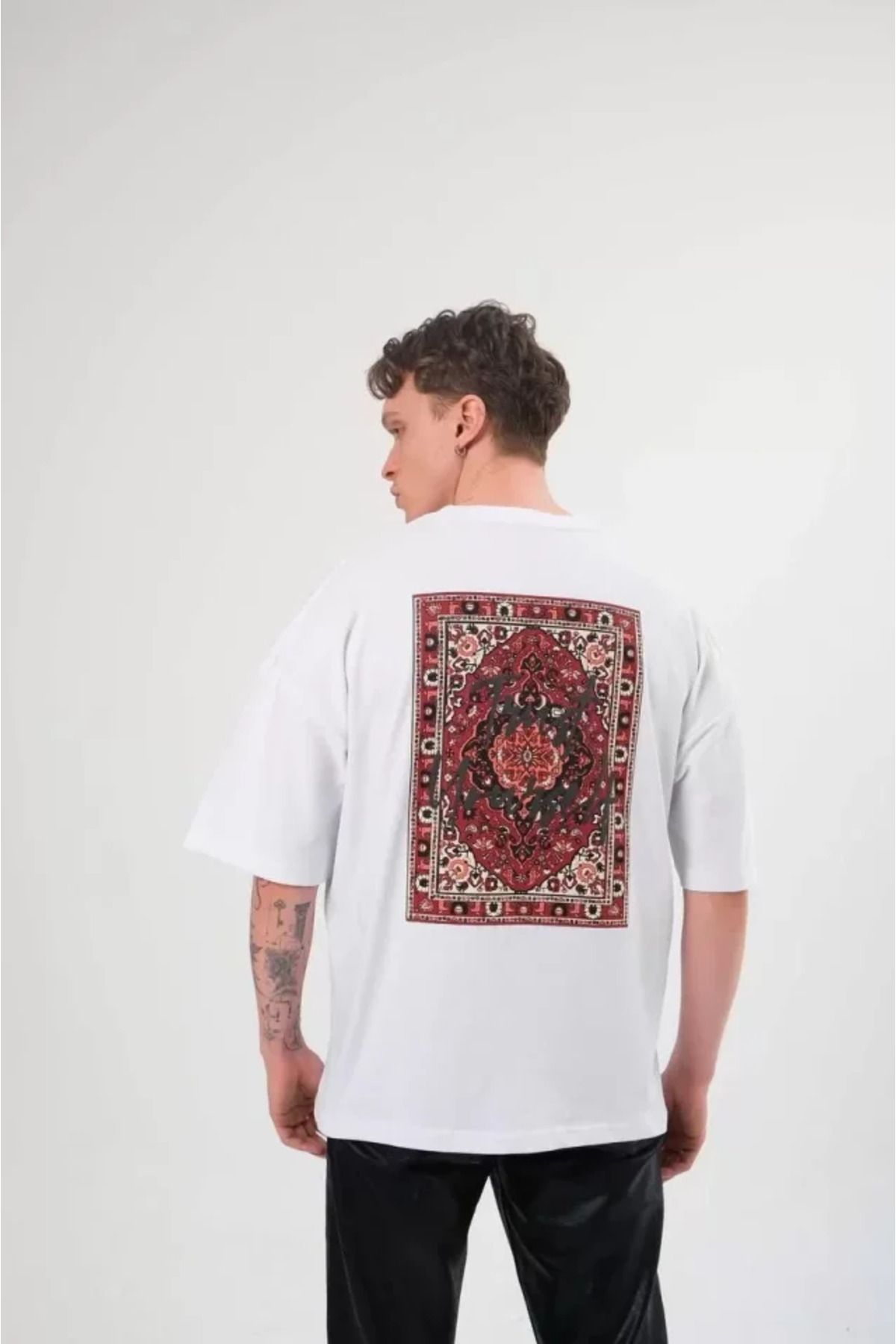 Albayrak Unisex Bisiklet Yaka Baskılı Oversize T-Shirt - Beyaz