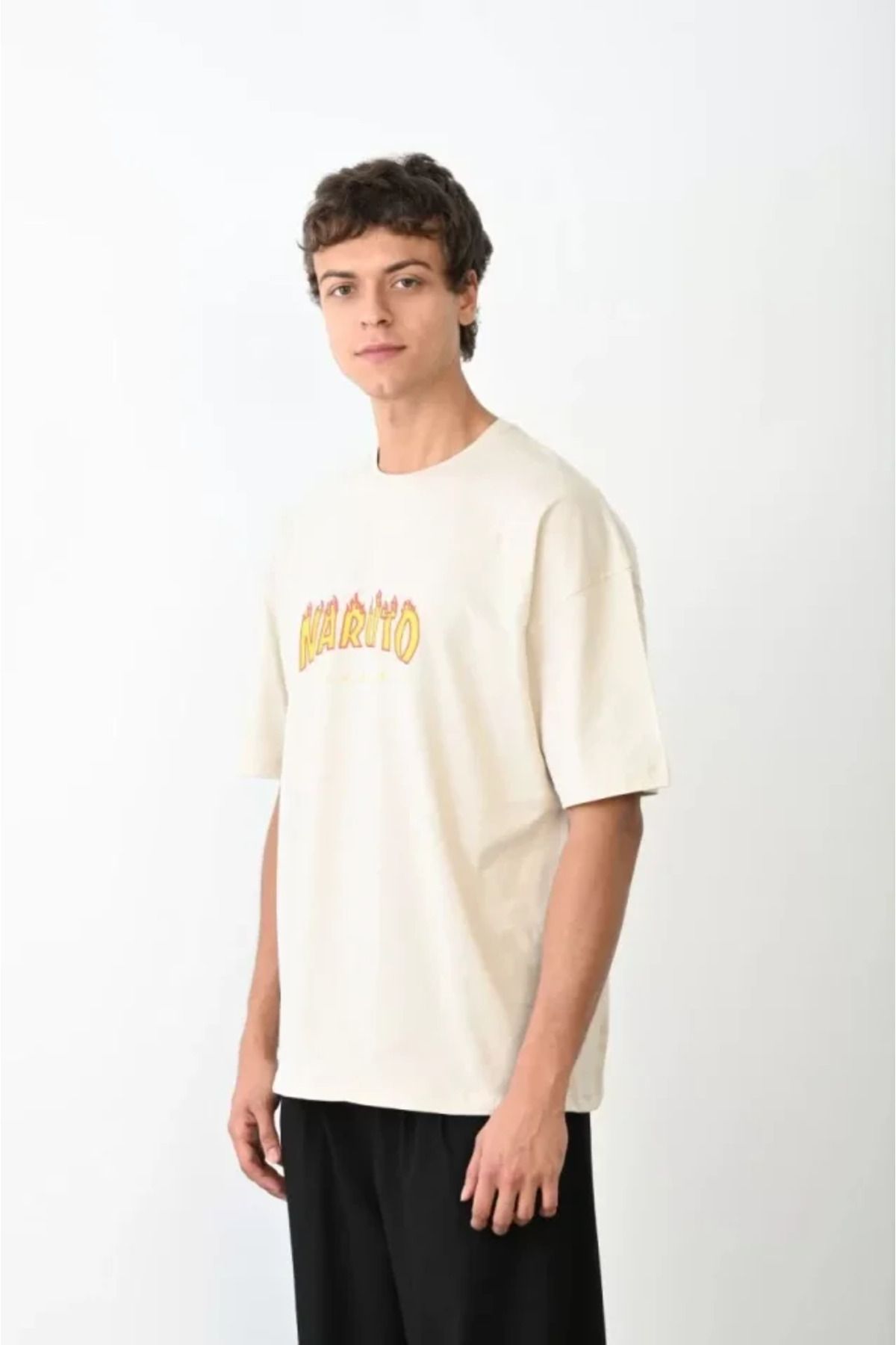 NİDAM BUTİK Unisex Bisiklet Yaka Baskılı Oversize T-Shirt - Beyaz