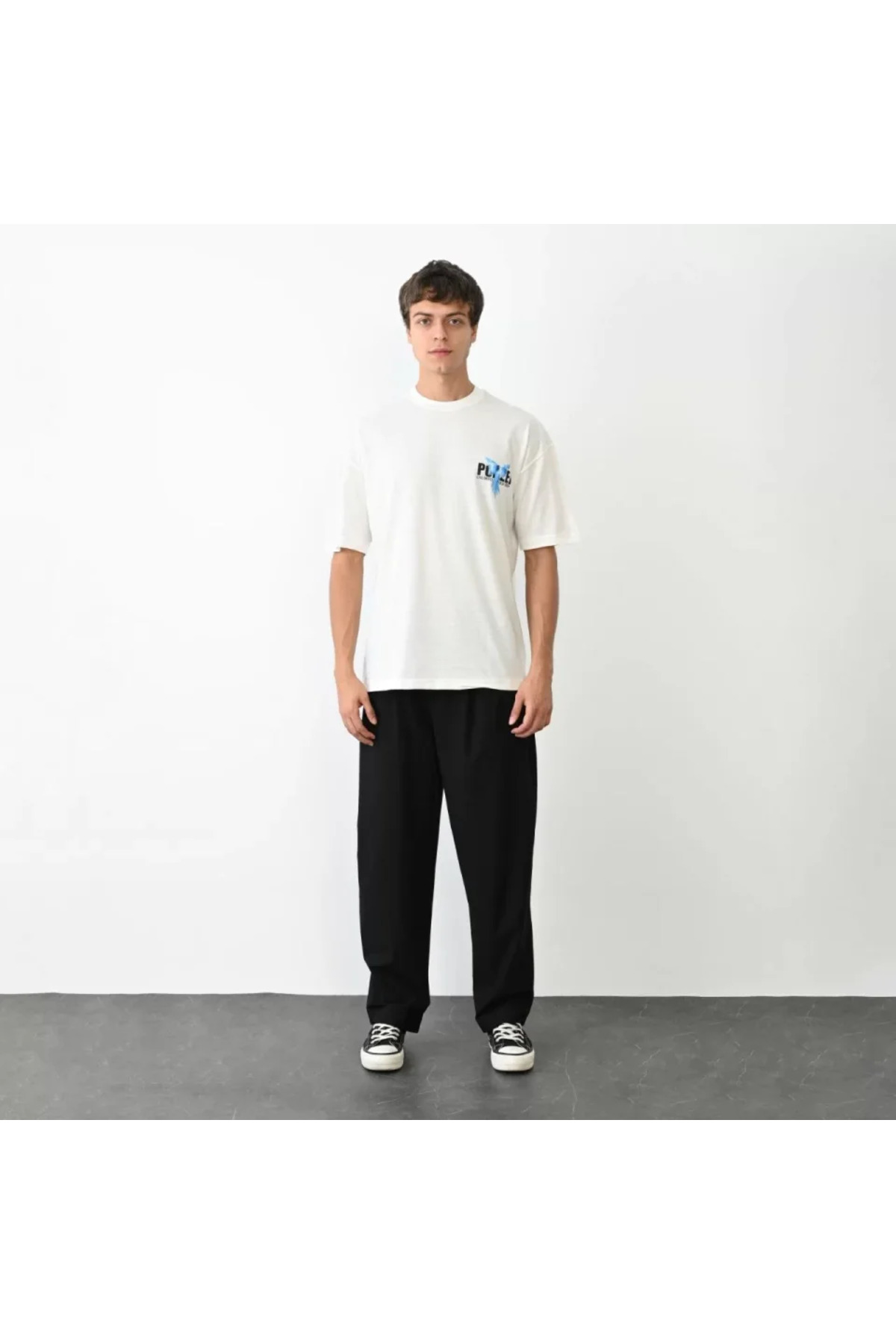 Unisex Bisiklet Yaka Baskılı Oversize T-Shirt - Beyaz