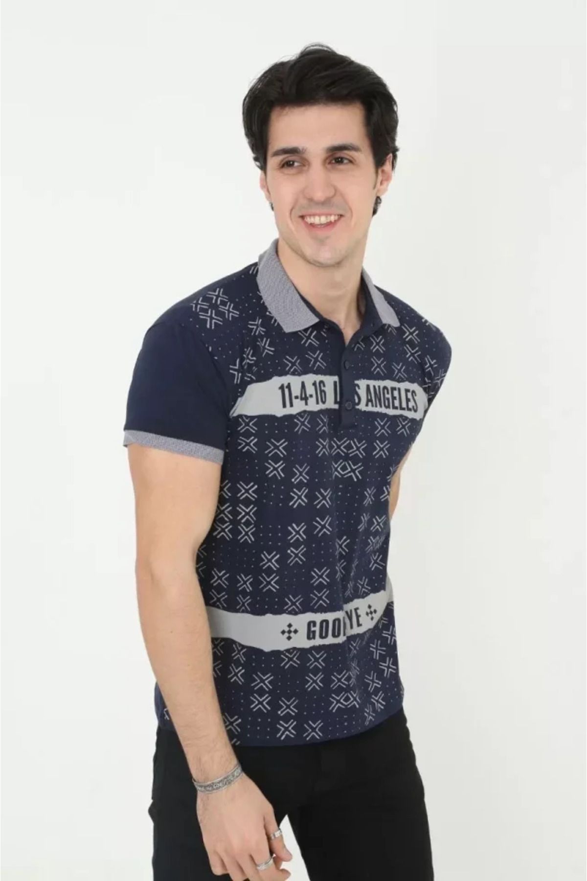 Albayrak Erkek Yakalı Slim Fit Baskılı T-Shirt - Lacivert