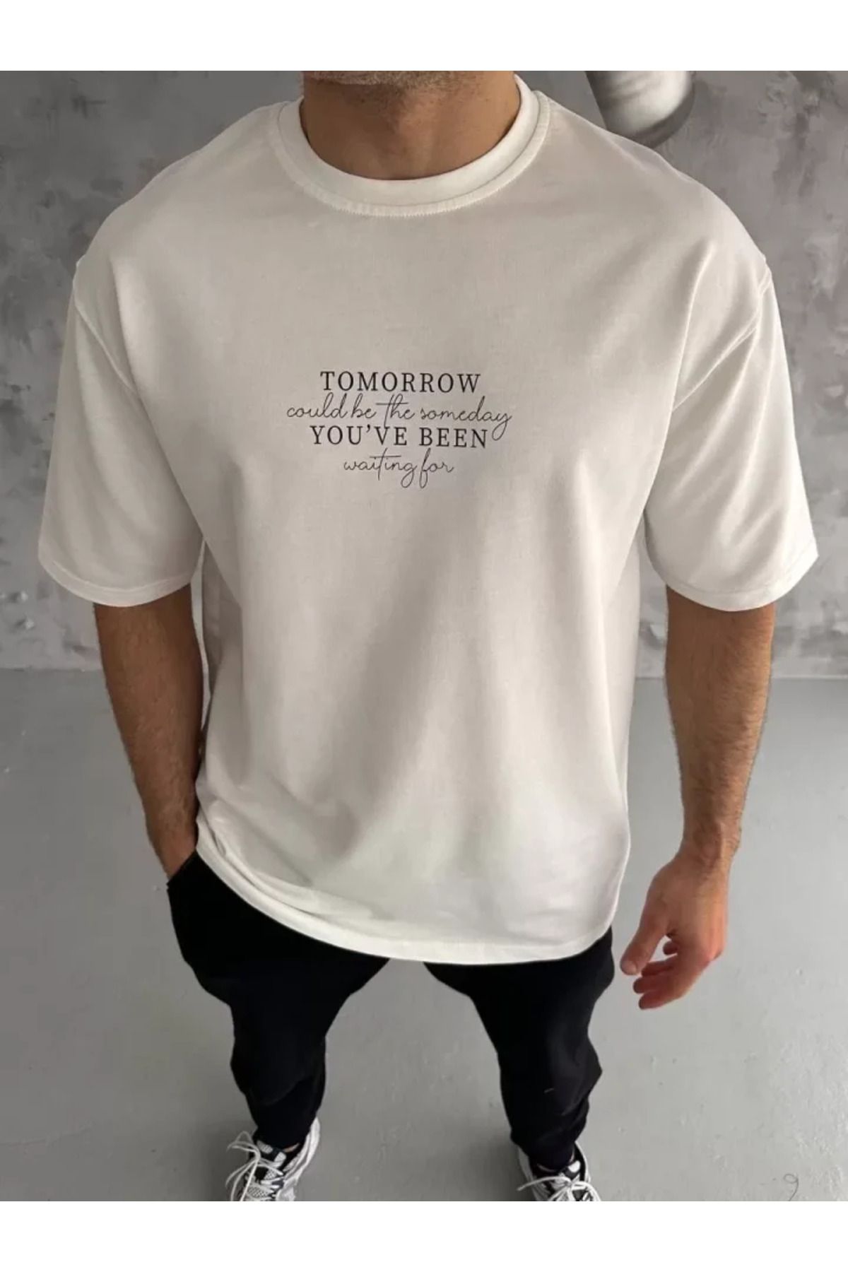 vivenza Unisex Bisiklet Yaka Baskılı Oversize T-Shirt - Beyaz