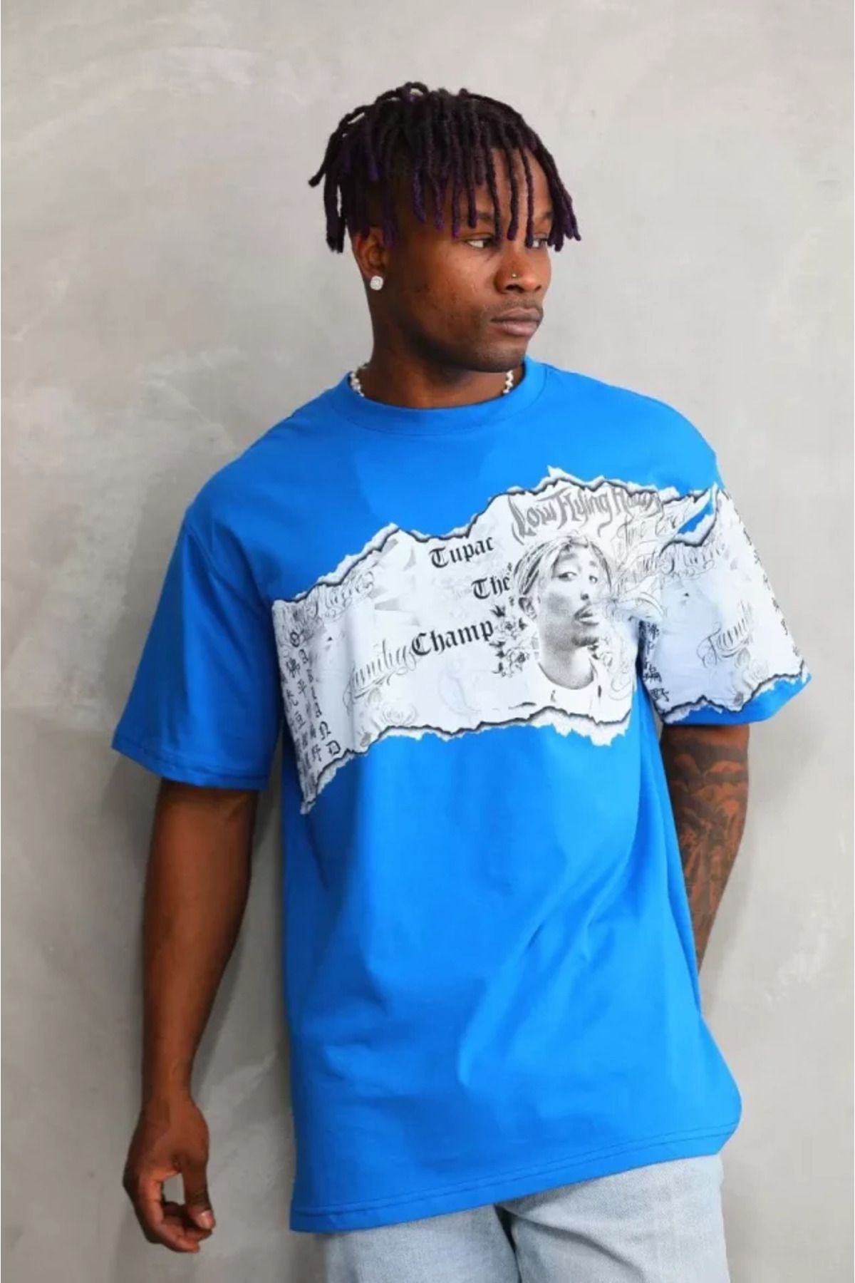 Albayrak Unisex Bisiklet Yaka Baskılı Oversize T-Shirt - Mavi
