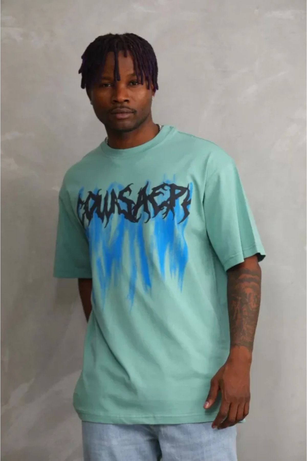 Veronika Mağazacılık Unisex Baskılı Oversize T-Shirt - Mint Yeşili