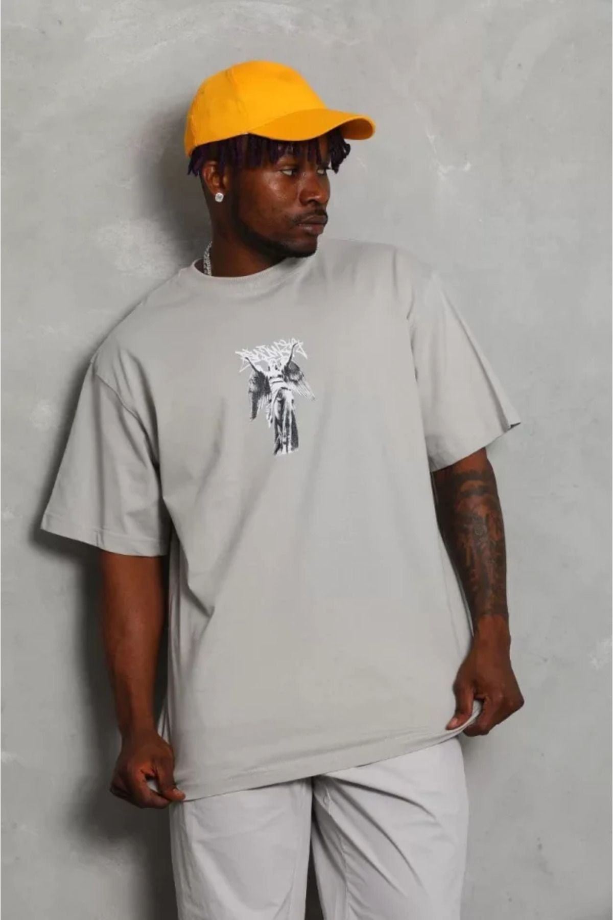 Albayrak Unisex Oversize Baskılı Bisiklet Yaka T-Shirt - Gri