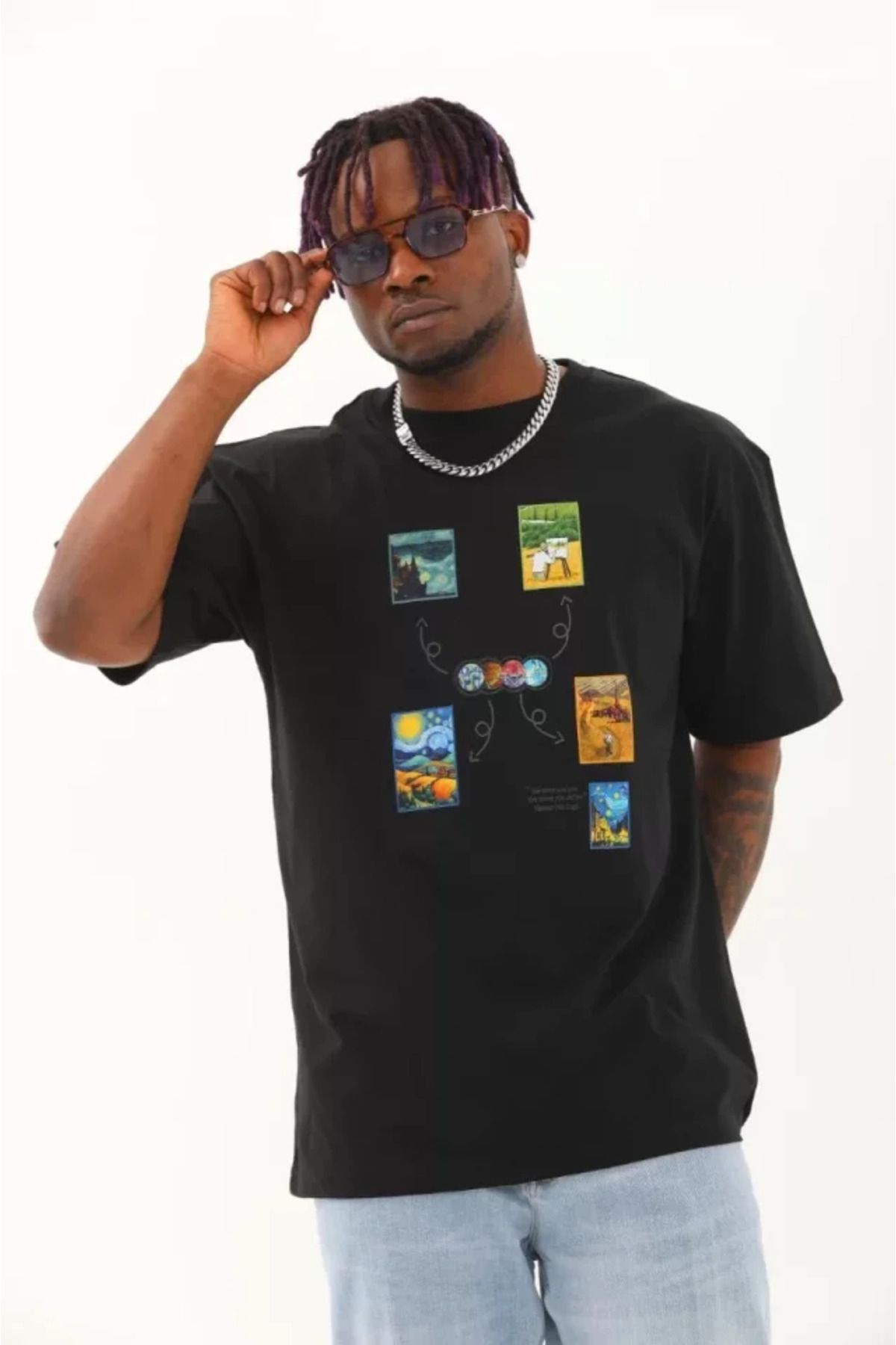 Albayrak Unisex Oversize Baskılı Bisiklet Yaka T-Shirt - Siyah