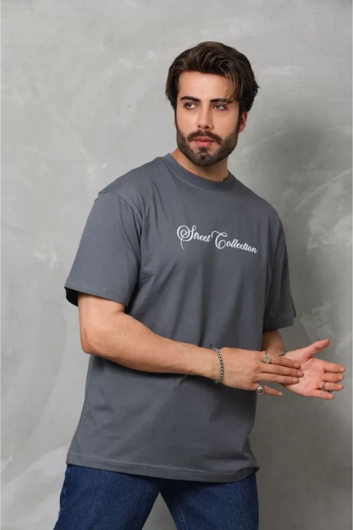 Asap Unisex Bisiklet Yaka Baskılı Oversize T-Shirt - Füme