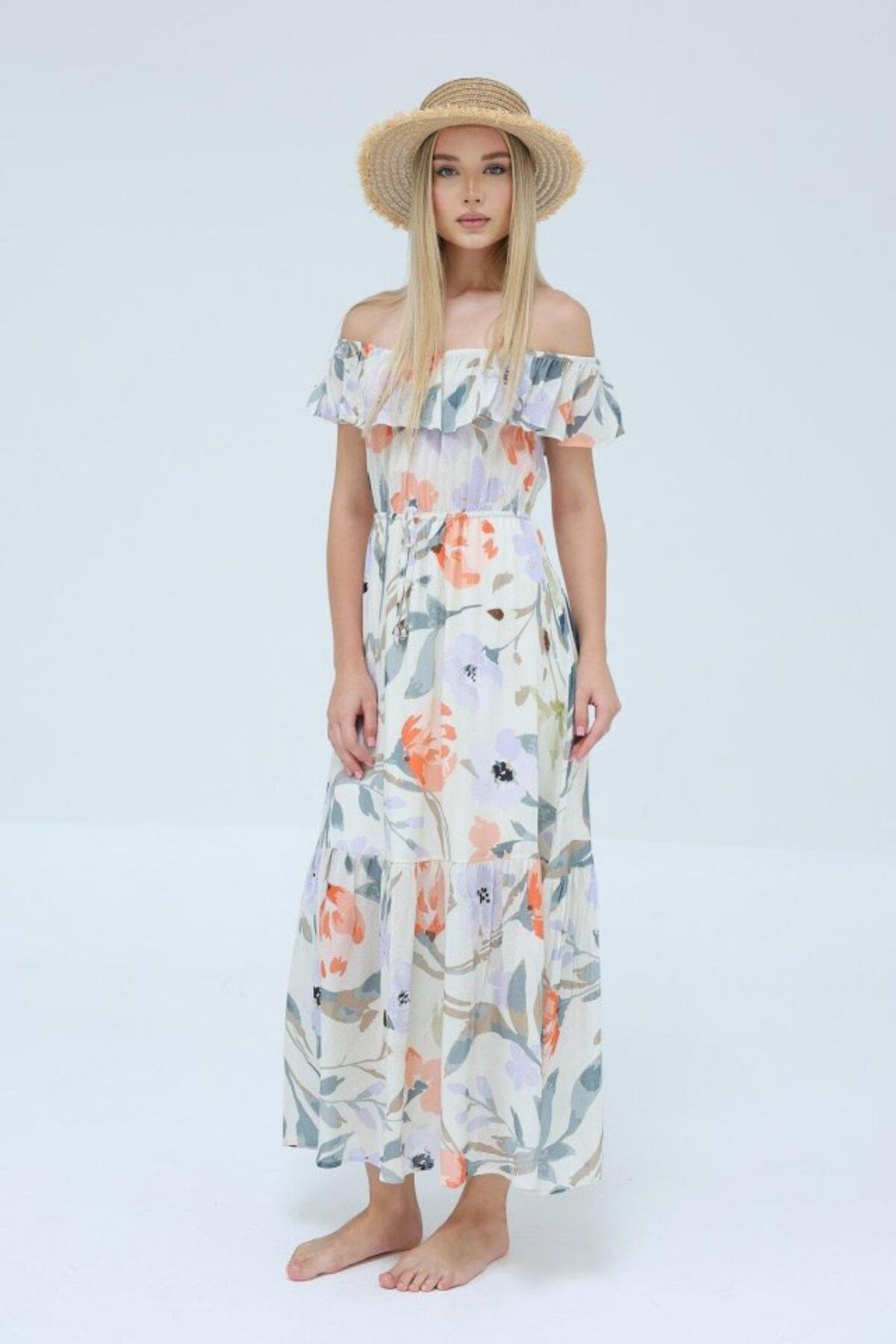 velmorafashion Madonna Yaka Elbise - Gri-Turuncu