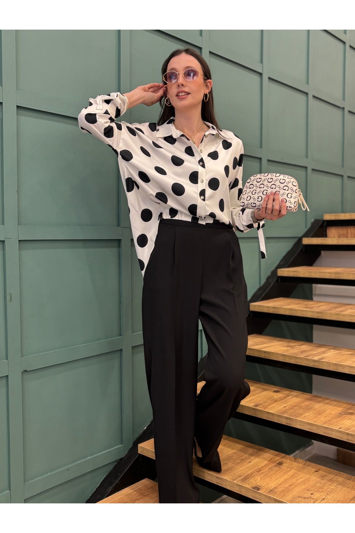 AYHAN-Silk Satin Shirt with Front Buttons, Elastic Front and Long Polka Dots on the Back 3
