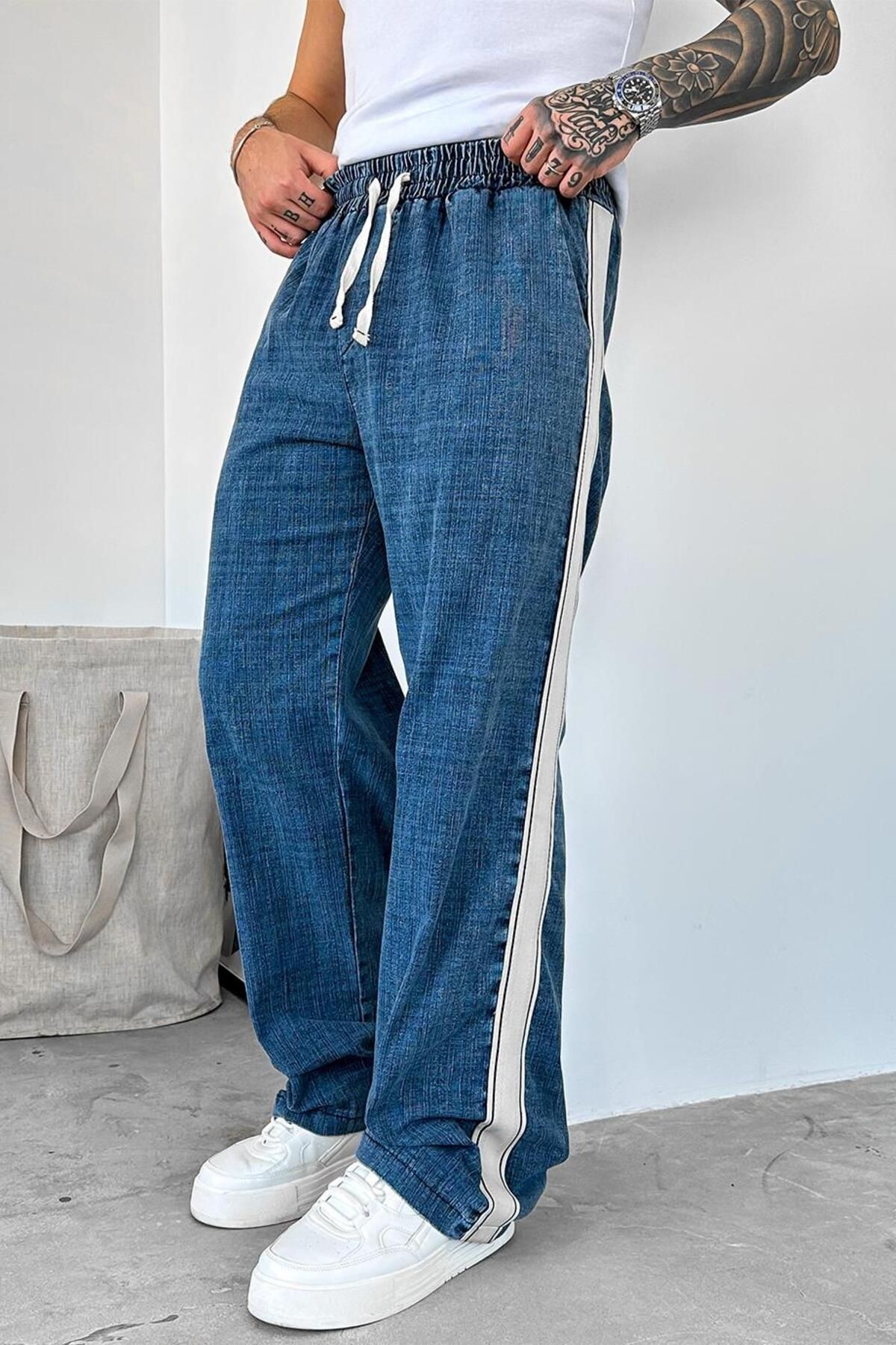 HAFKAGİYİM-Navy Blue Elastic Waist Stripe Detail Premium Baggy Trousers 2