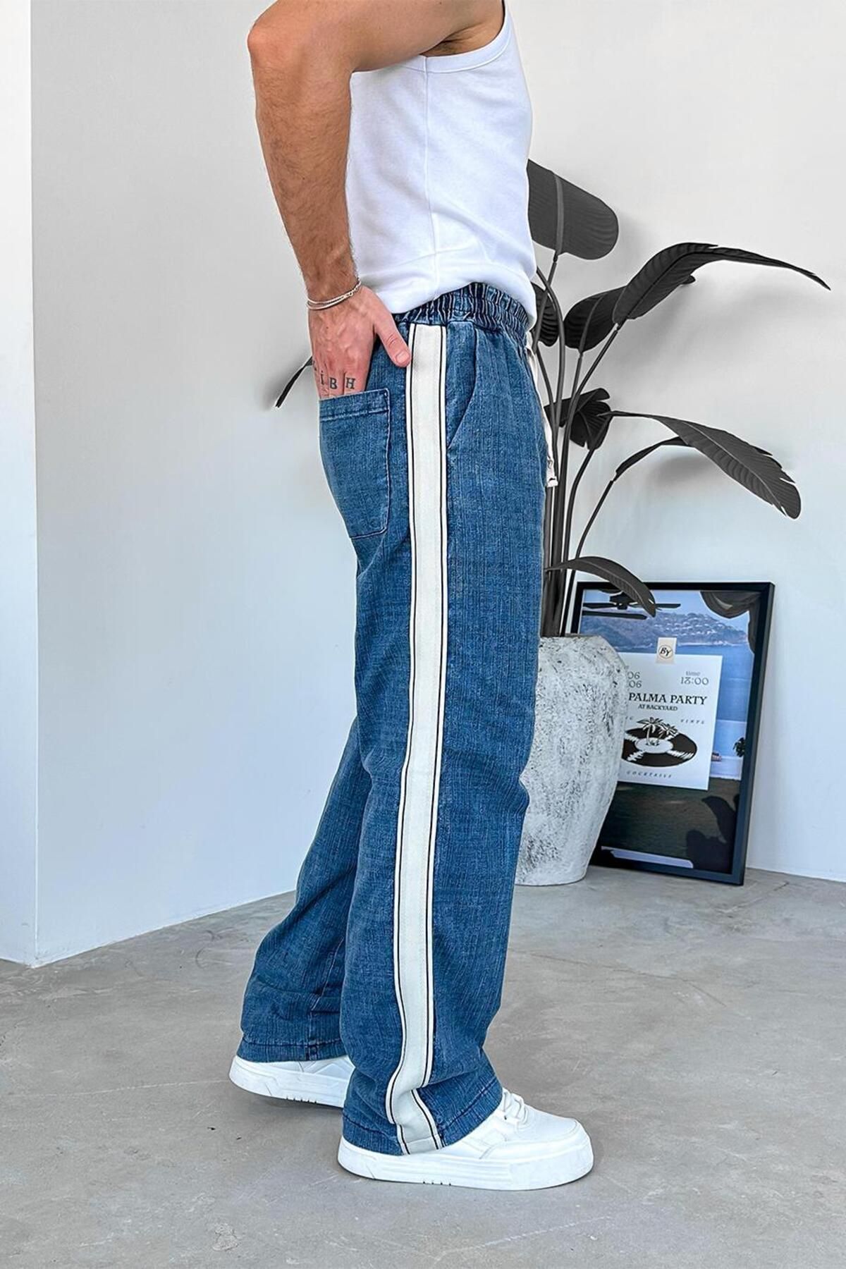 HAFKAGİYİM-Navy Blue Elastic Waist Stripe Detail Premium Baggy Trousers 3