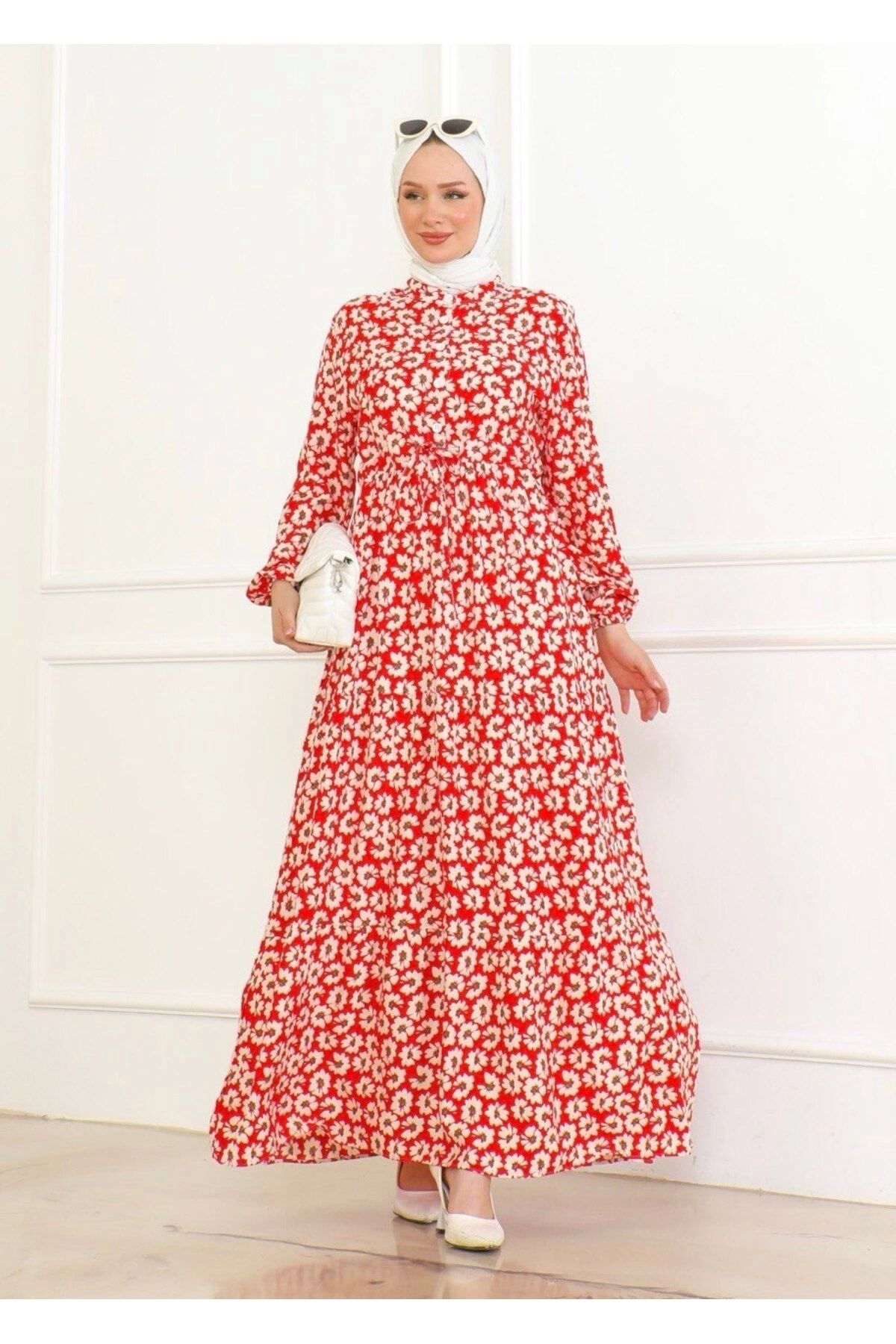 Neva Style-Floral Patterned Tied Front Dress / Red 5