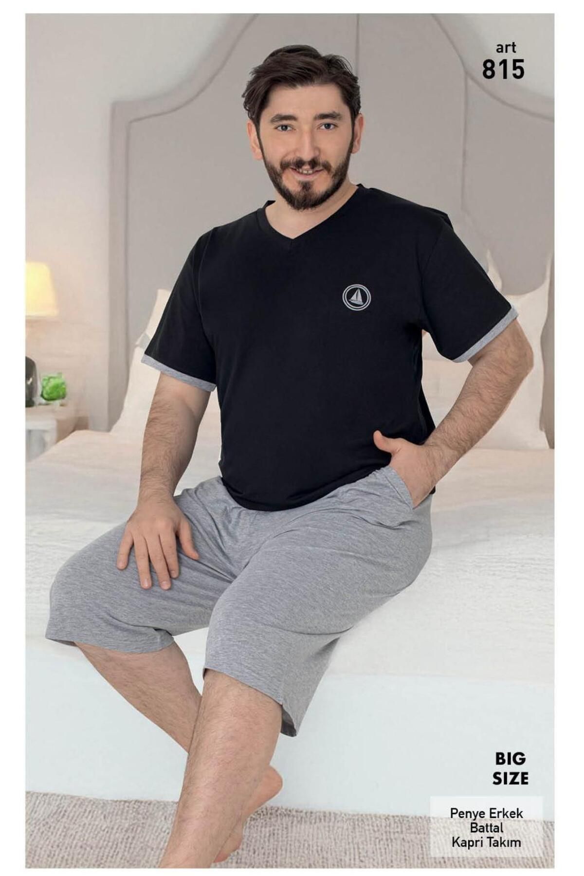XORVİO Erkek Battal Boy Bermuda Pamuklu Cotton Kısa Kollu T-shirt Kapri Şortlu Siyah Pijama Takım Cepli