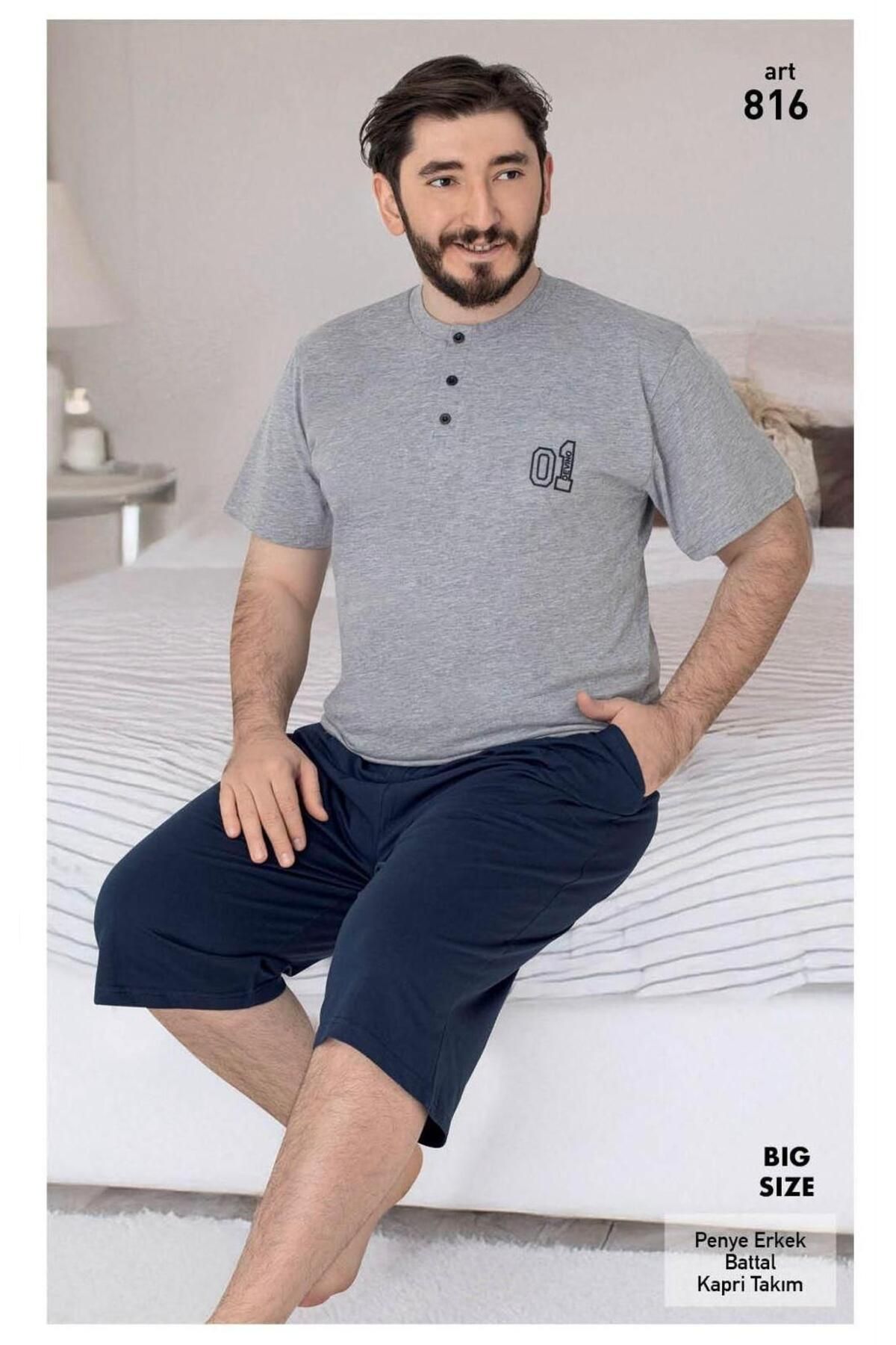 XORVİO Erkek Battal Boy Bermuda Pamuklu Cotton Kısa Kollu T-Shirt Kapri Şortlu Pijama Takım, Cepli