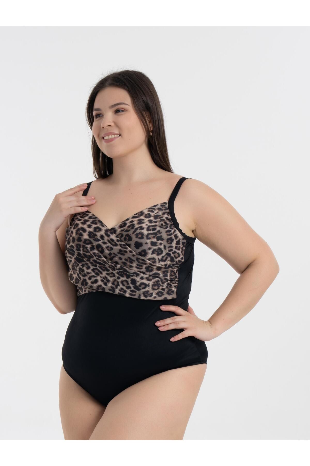 AQUAVİVA-Aquaviva Women's Plus Size Black Leopard Pattern Brunella Underwire Support Swimsuit 2