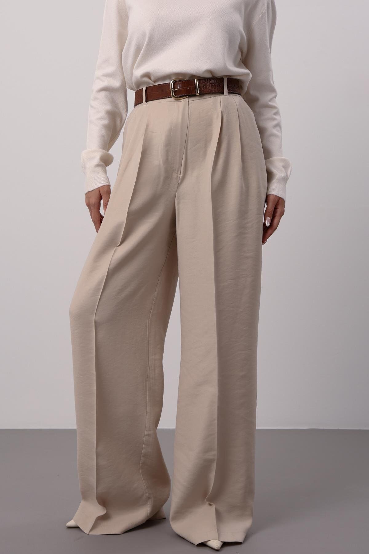 FACETTE-Pantaloni Palazzo de damă, bej, cu talie înaltă 4