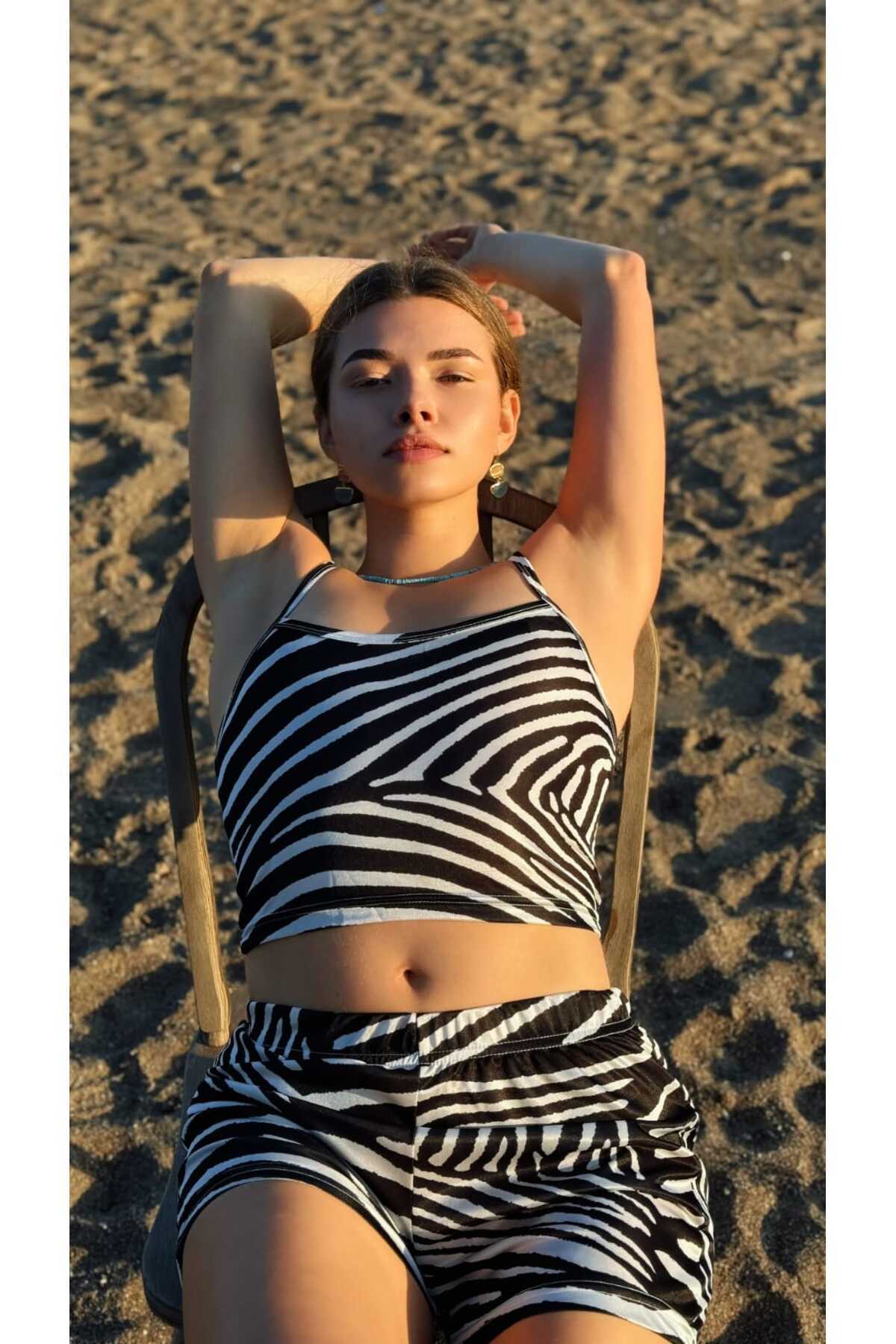 MY Wooft Şortlu Gecelik Takımı Zebra Desenli Askılı