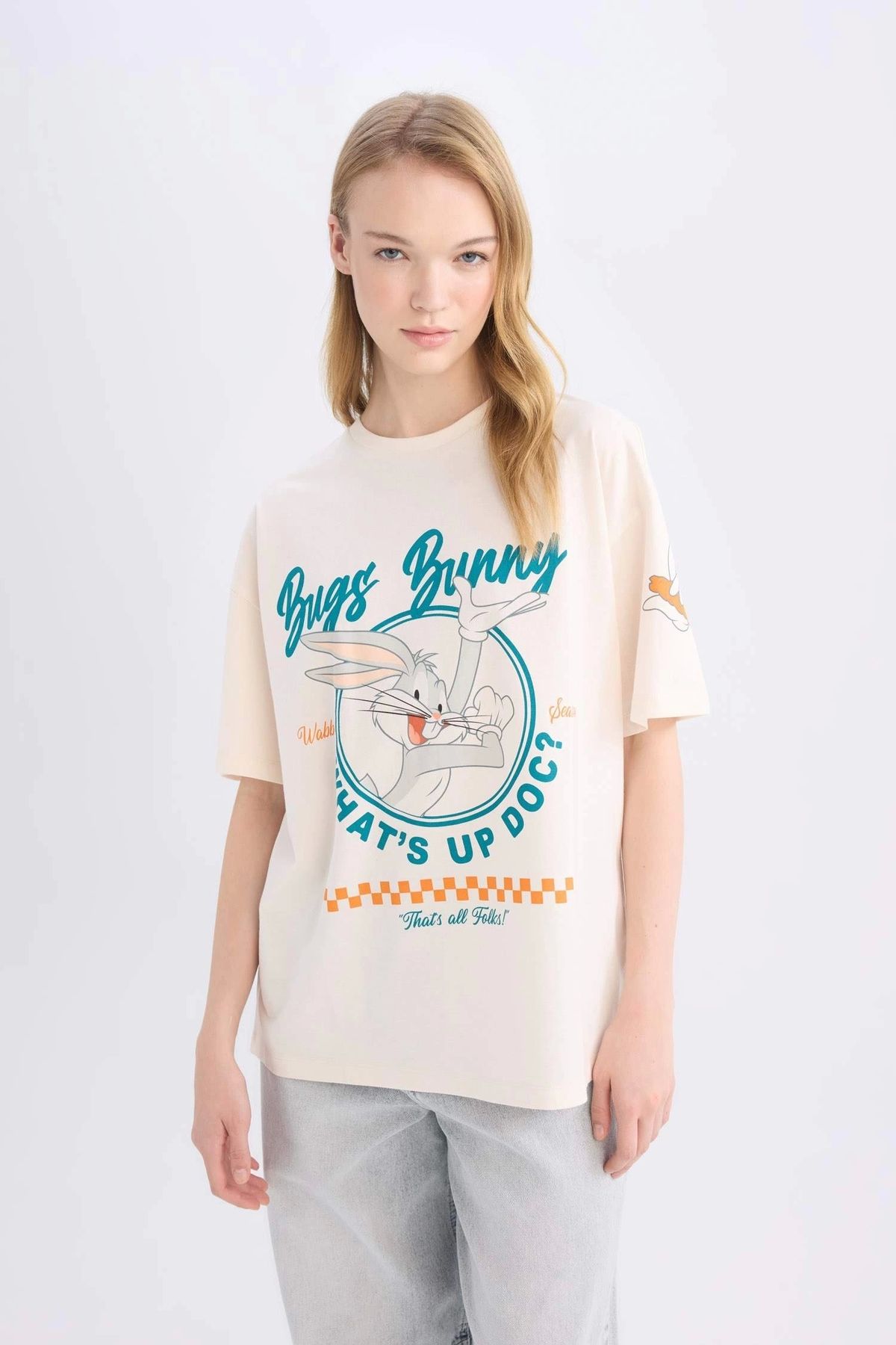 DeFacto D9110 Ekru Coool Looney Tunes Oversize Geniş Kalıp Bisiklet Yaka Baskılı Kısa Kollu Tişört