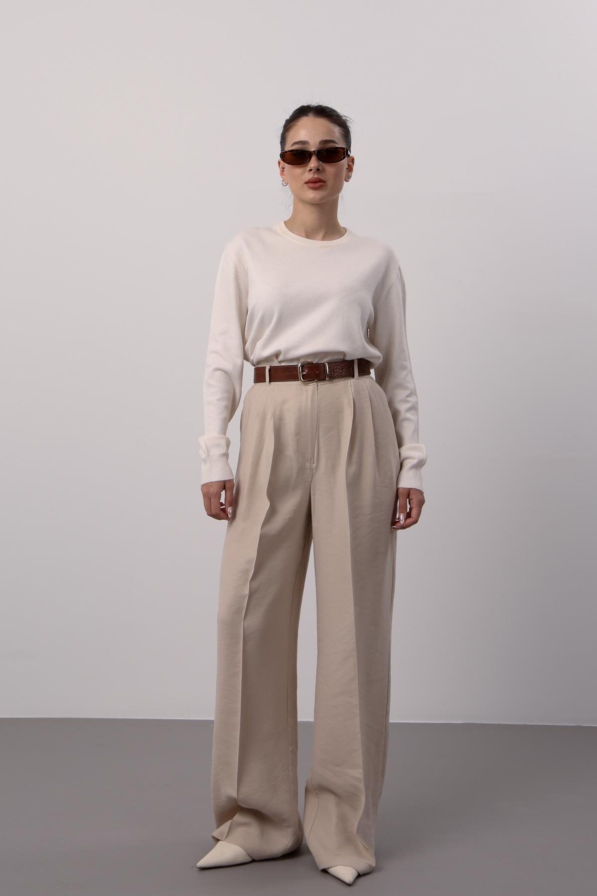 FACETTE-Pantaloni Palazzo de damă, bej, cu talie înaltă 3